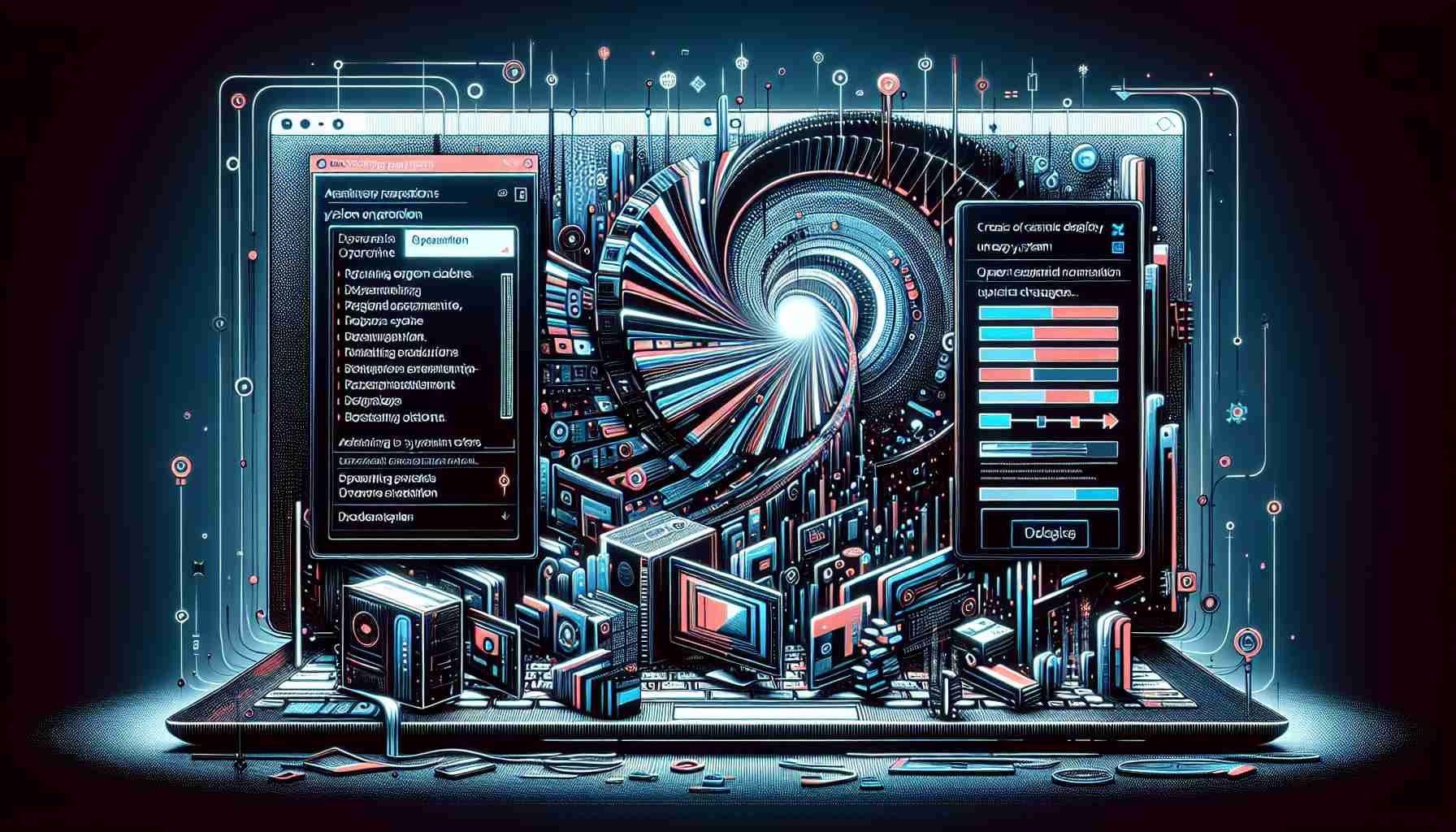 Create a high-definition, realistic image portraying a stylized representation of a computer's screen that displays an abstract operating system undergoing changes as a response to a recent system failure. Depict a dialog box on the screen that features technical error codes and a progress bar demonstrating the on-going system modifications.