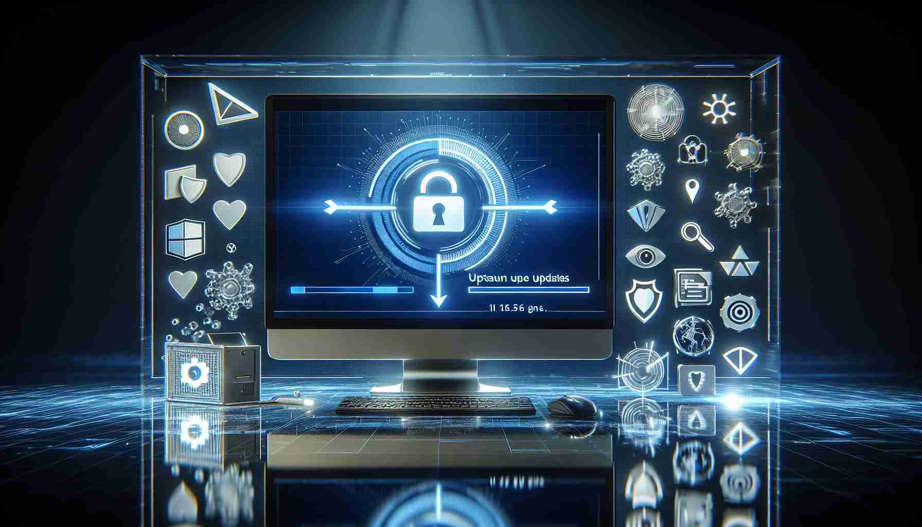 An ultra high definition image illustrating the concept of enhancing computer safety through regular system updates. The scene shows a modern desktop with a Windows operating system. On the screen, an enlightening progress bar depicts that an update is currently being installed. Various icons related to security, such as a padlock or a shield, could be scattered around, symbolizing a secure environment. Ensure the image has a realistic feel to it with meticulous attention to details, including reflections and illumination.