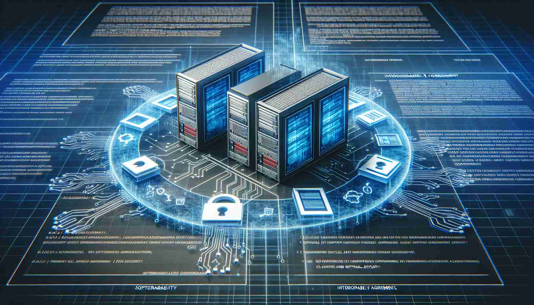 Generate a realistic, high-definition visual representation showcasing the impact of interoperability agreements on software security. The image could depict two computer systems interacting seamlessly due to the agreements, with visible signs of secure exchanges like encrypted data symbols and firewall imagery. Depict an underpinning layer of an agreement document to symbolize the interoperability agreement, with visible terms related to software security.