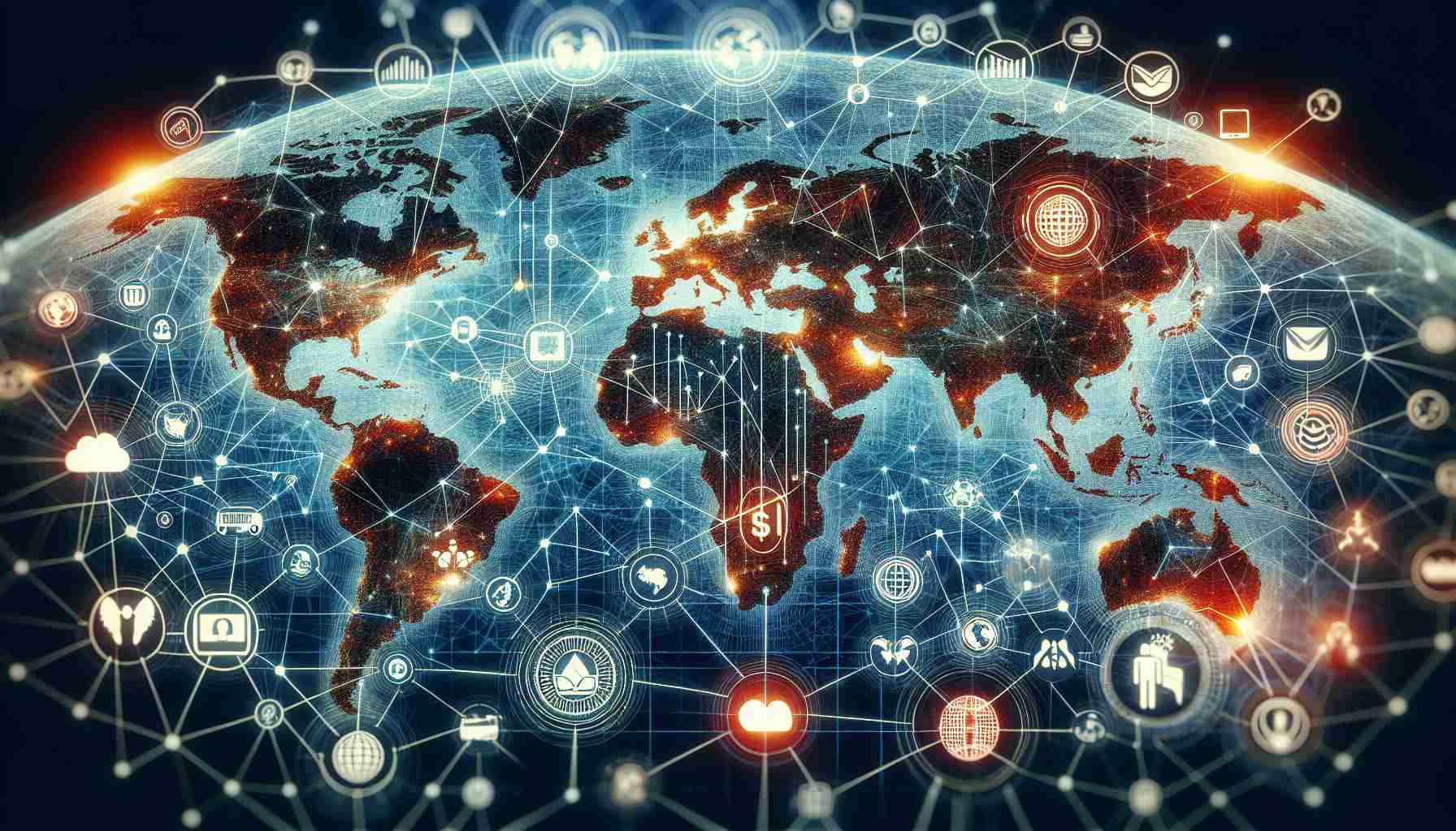 Create a detailed, high-definition representation of a global technological glitch impacting various sectors. Show a world map with interconnected lines showcasing global connectivity. Incorporate symbols indicative of important sectors such as finance, healthcare, transportation, and entertainment in varying countries. Use visual effects to depict the glitch, for example, disconnections or digital distortions in the network, to illustrate the widespread consequences of the technological glitch.