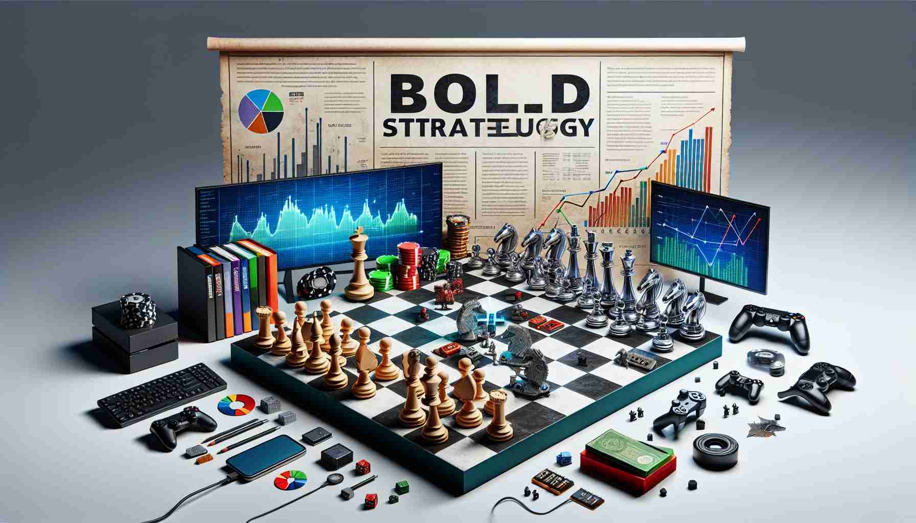 A realistic, high-definition image representing the concept of a bold strategy revolutionizing the gaming industry. The image includes elements related to gaming, such as gaming consoles, game covers, and controllers. There is also a large game of chess with pieces in an unconventional arrangement symbolizing a strategic shake-up. Text references and graphs showing a significant positive change are also part of the scene.