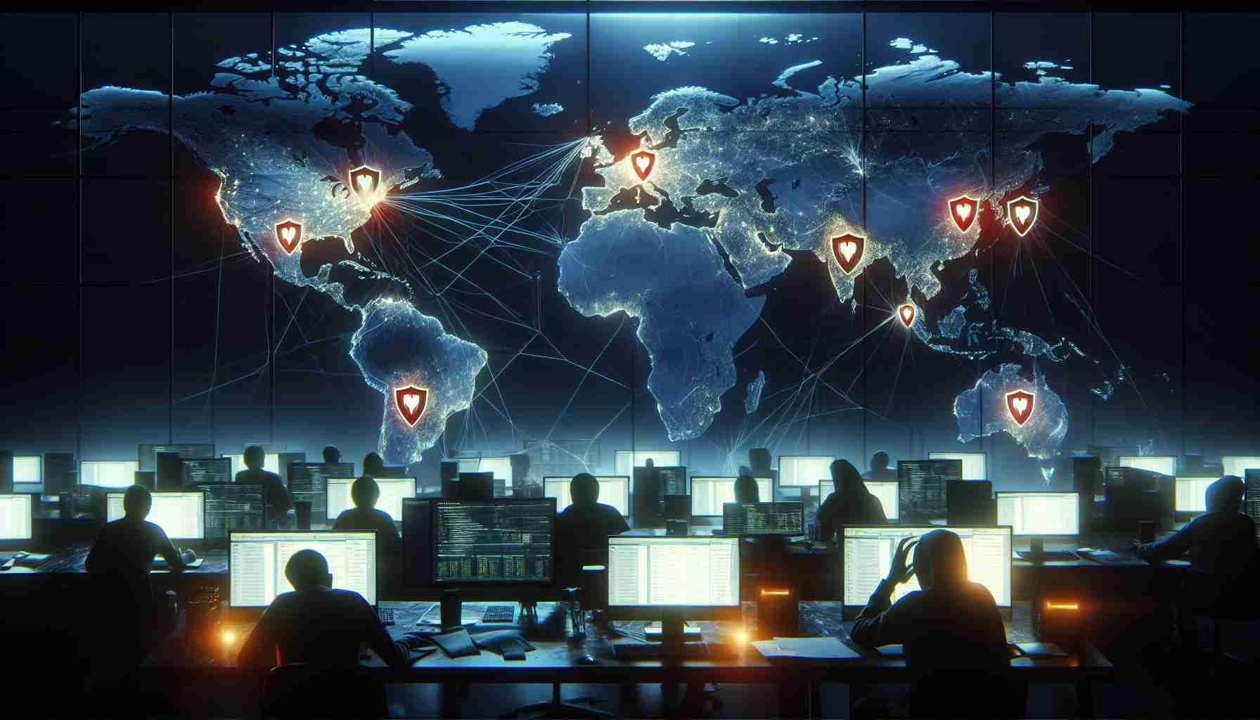 Create a highly detailed, realistic depiction of a global outage caused by an antivirus failure. Show a world map in a dark room, illuminated by the cold glow of multiple computer screens. Various points on the map should brightly represent places affected by the outage, with symbolic representations of broken shield (antivirus) at these places. Add panicked system administrators frantically working in the room, a South Asian male and a Hispanic female. Include visual metaphors such as stormy weather or chaos to convey the seriousness of the situation.