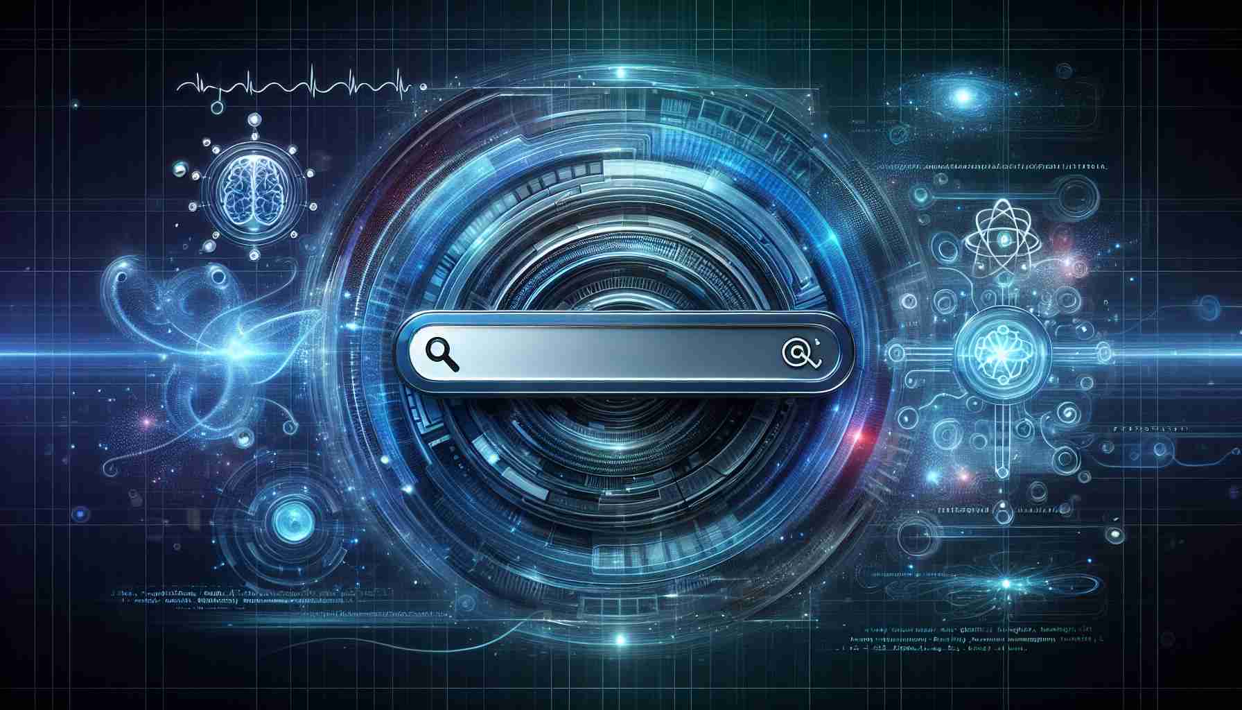 Digital conceptual art portraying the future of online search enhanced by AI. A sleek futuristic interface is prominently displayed, featuring a search bar in the center. Curved dimensional lines, holograms, and luminous graphics surround the interface. Various symbols representing data flow and algorithms swirl in the background signifying the AI's processing power. The color palette favours cool tones, with midnight blue and electric turquoise for a high-tech look. Imagery of code lines and brain-like structures subtly integrated into the design represent machine learning. The atmosphere of the image suggests cutting-edge technology and profound possibilities.