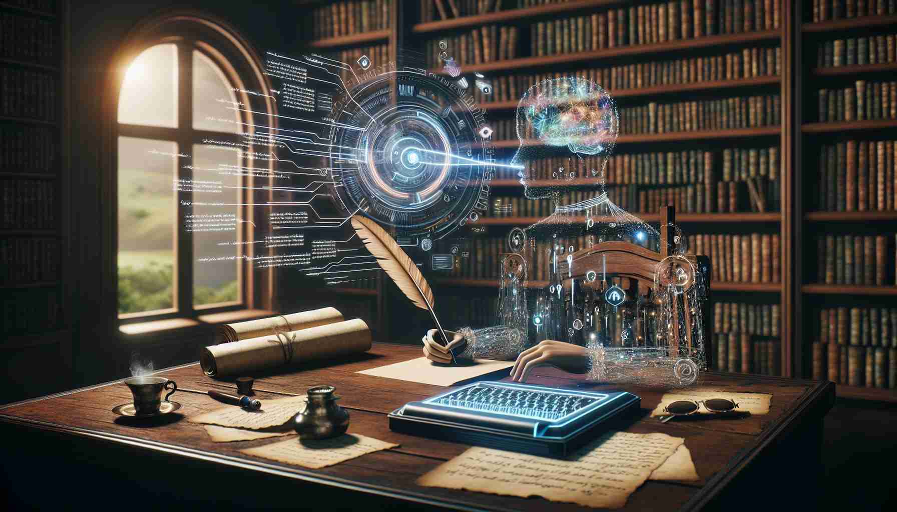 A high-definition, realistic image showing the concept of utilizing artificial intelligence (AI) to aid in creative writing. Picture a writer sitting at a vintage wooden desk, holding a quill pen and surrounded by parchment. Nearby, there's a futuristic AI device: a blend of translucent screens filled with varying lines of text and visual analytics reflective of a writer's thought process. There's a beam of light bridging the quill and the device indicating a synergy between tradition and technology. A lush library in the background for a cultural and intellectual atmosphere.