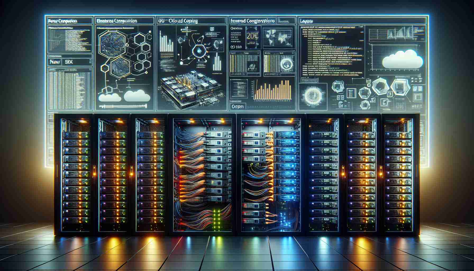 High-resolution, realistic image of a new system in progress which revolutionizes cloud computing with enhanced GPU configurations on an operating system similar to Windows 365. The system emphasizes on high-speed processing and enhanced graphics. It features numerous server racks with multi-colored LED indicator lights and wiring, alongside large workflows diagrams including flowcharts, hardware diagrams which showcase the conceptual technology behind the GPU configurations, and progress bars with analytics scattered on the side. Screens glow with complex codes and flowcharts demonstrating the operation of the new cloud computing system.