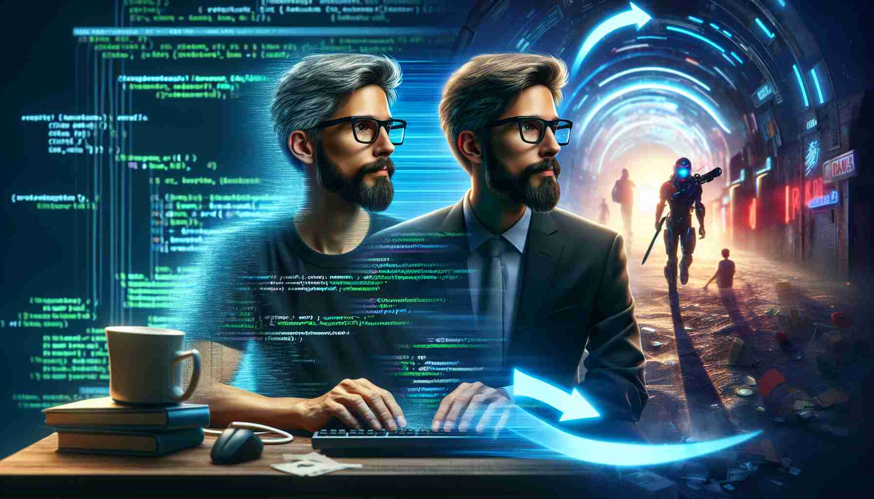 A realistic, high definition image portraying the journey of a visionary within the technology and gaming industry. Starting from a prominent technology corporation, he moves towards a scene illustrating innovative gameplay concepts. The man is depicted as moderately built, beard with spectacles. He is observed transitioning from being at a desk working on computer codes symbolizing his time at the software company, to a futuristic digital landscape, representing his contributions to gameplay innovation.