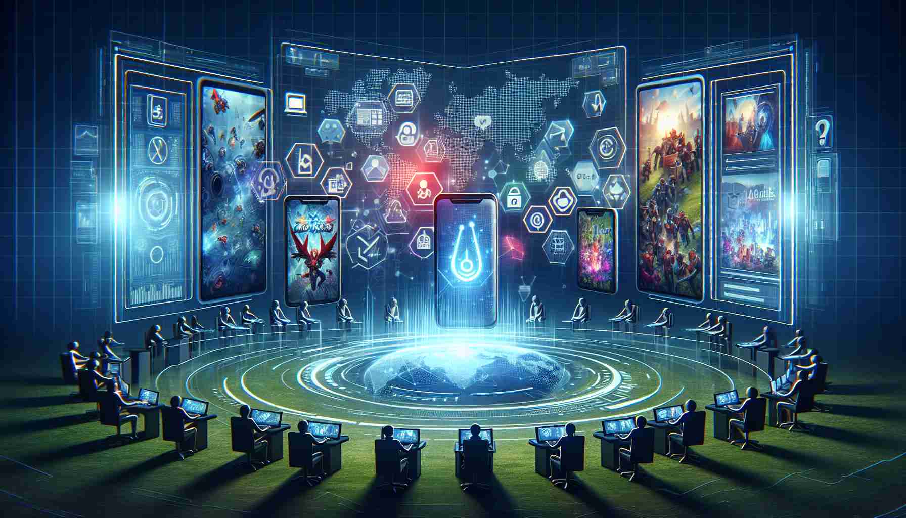 A detailed and realistic high-definition image representing a strategic move in the mobile gaming industry by a major tech corporation. Illustrate the scene with the company's logo on futuristic digital screens, surrounded by abstract images of mobile devices showcasing popular games. Add relevant elements such as analytics data, network maps and technology icons to represent the strategic aspect. Please do not include any recognizable characters from any games. No specific human individuals should be depicted. The artwork should portray the concept of a forward-thinking, technology-driven strategy in the mobile gaming industry.