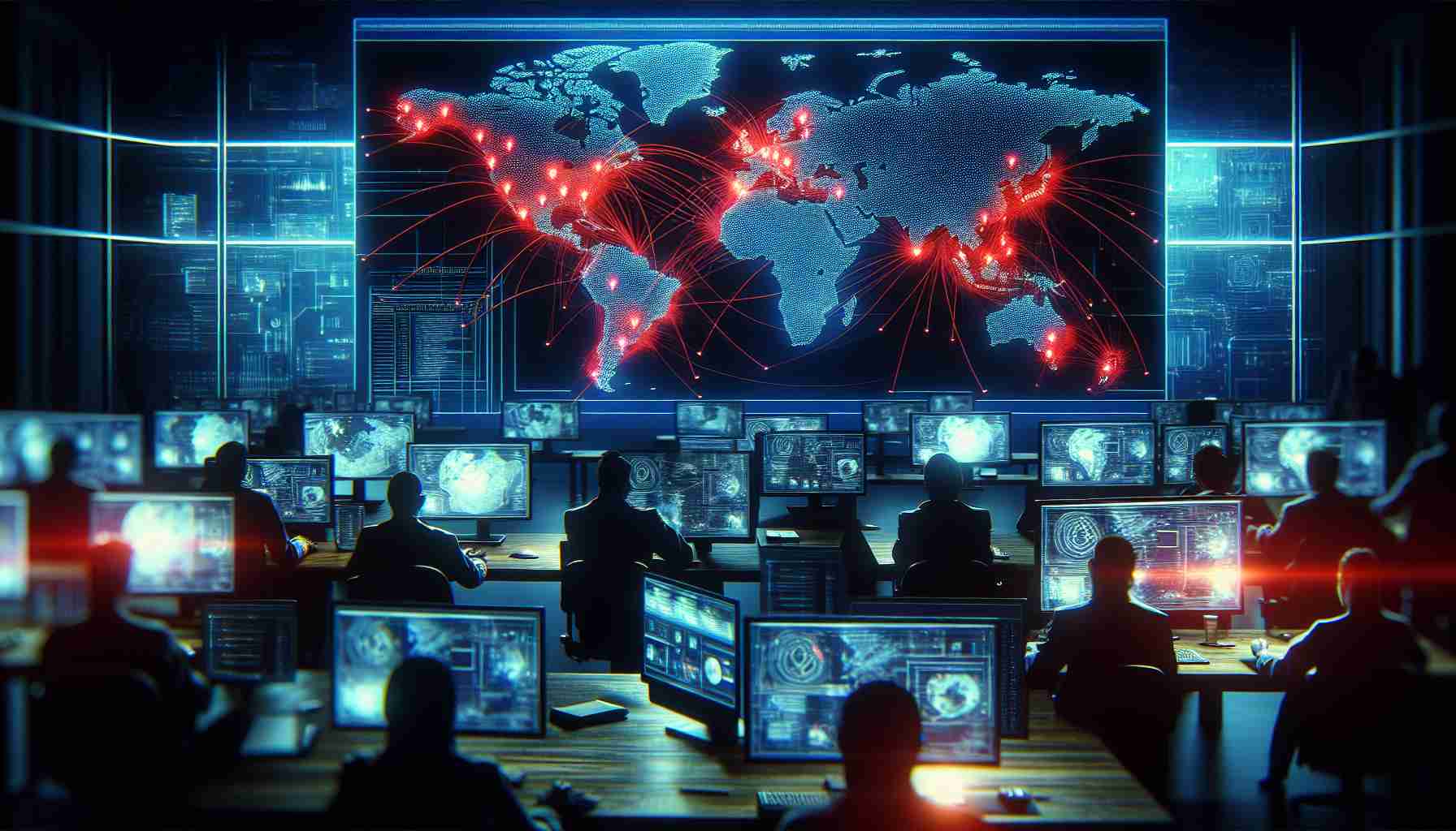 A highly-detailed graphic in HD quality representing the increasing threats in cybersecurity in the digital age. Depict a computer screen with a global map riddled with vibrant red attack paths, symbolizing cyber attacks. To the side, show a team of professionals of diverse gender and descent working fervently at their workstations, analyzing data and strategizing defenses. Imbue the scene with a tense atmosphere, illuminating dark corners with the blue glow of multiple screens and the red paths on the global attack map.