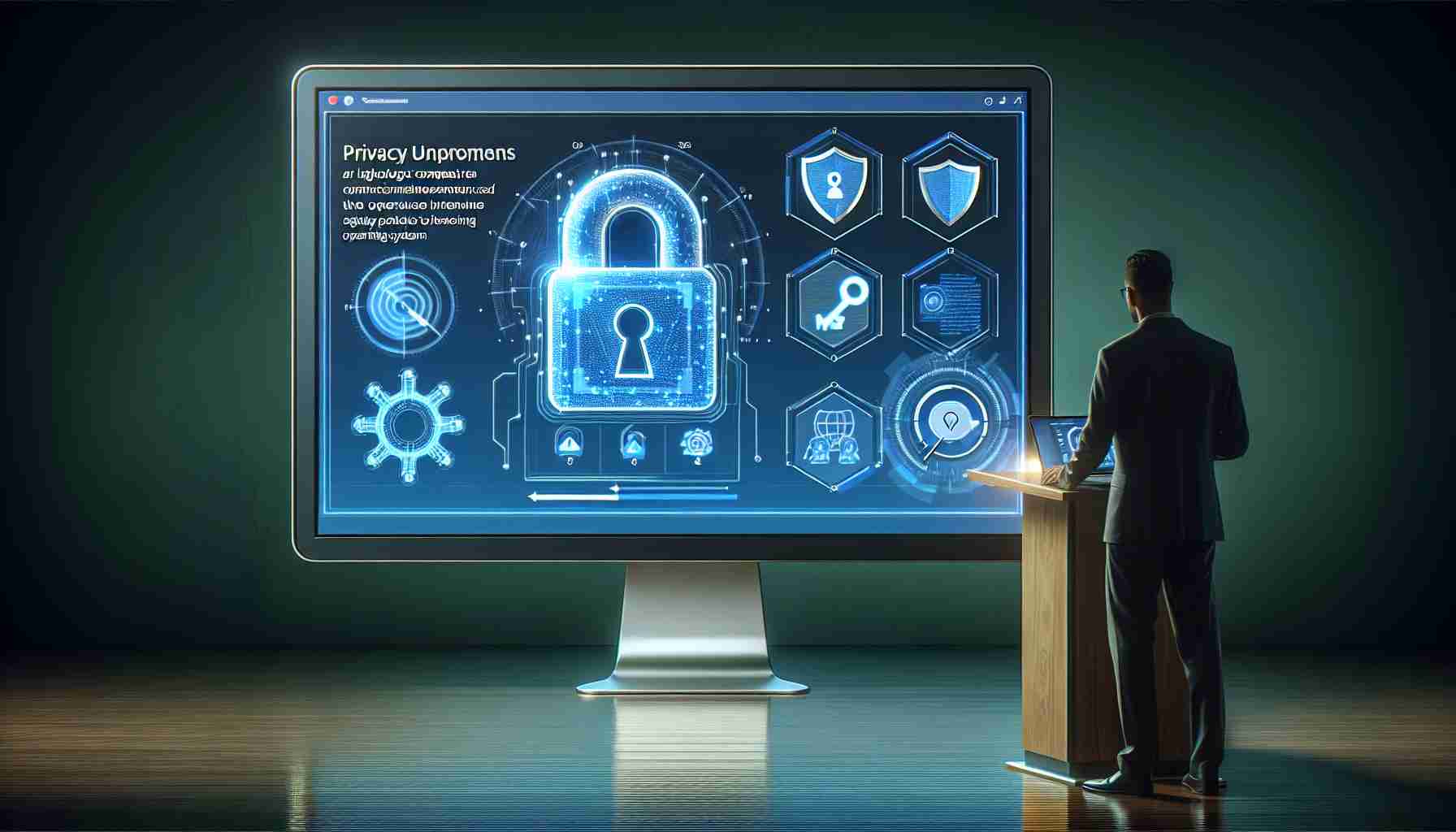 Create a realistic, high-definition image featuring a scenario where a large technology company is introducing a newly enhanced privacy feature for their operating system users. The image should display a computer screen with graphical elements typically associated with a privacy update, like padlocks or shielding icons, and a presentation or announcement from the company about these improvements, possible featuring a person standing next to the computer displaying the information.