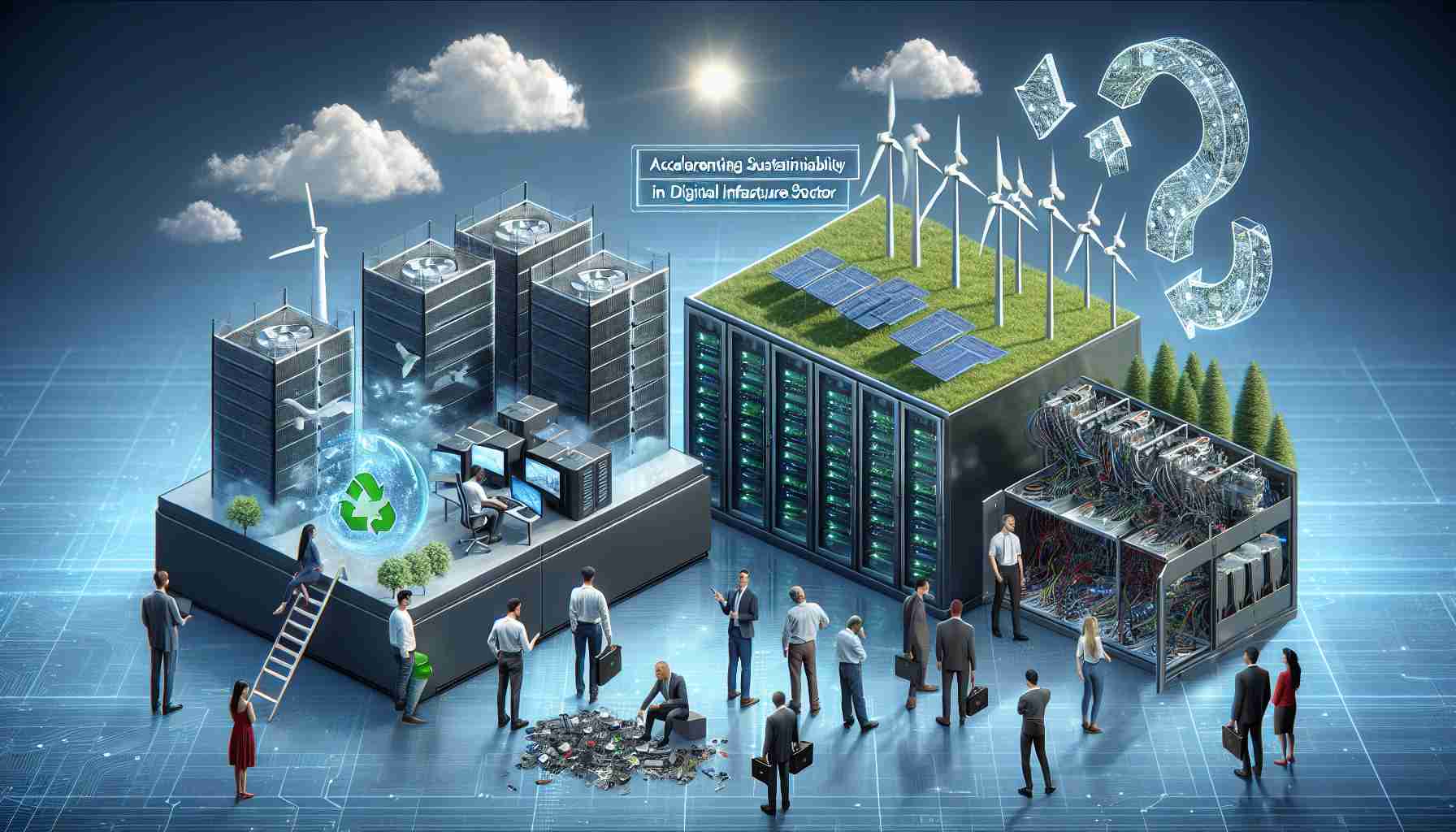 A high-definition photo realistically depicting the concept of accelerating sustainability in the digital infrastructure sector. The scene should include elements such as renewable energy sources powering data centers, implementation of AI for improved energy efficiency, and recycling of electronic components. Additionally, illustrate people from different descents and genders involved in these processes, reflecting the diversity in the sector.