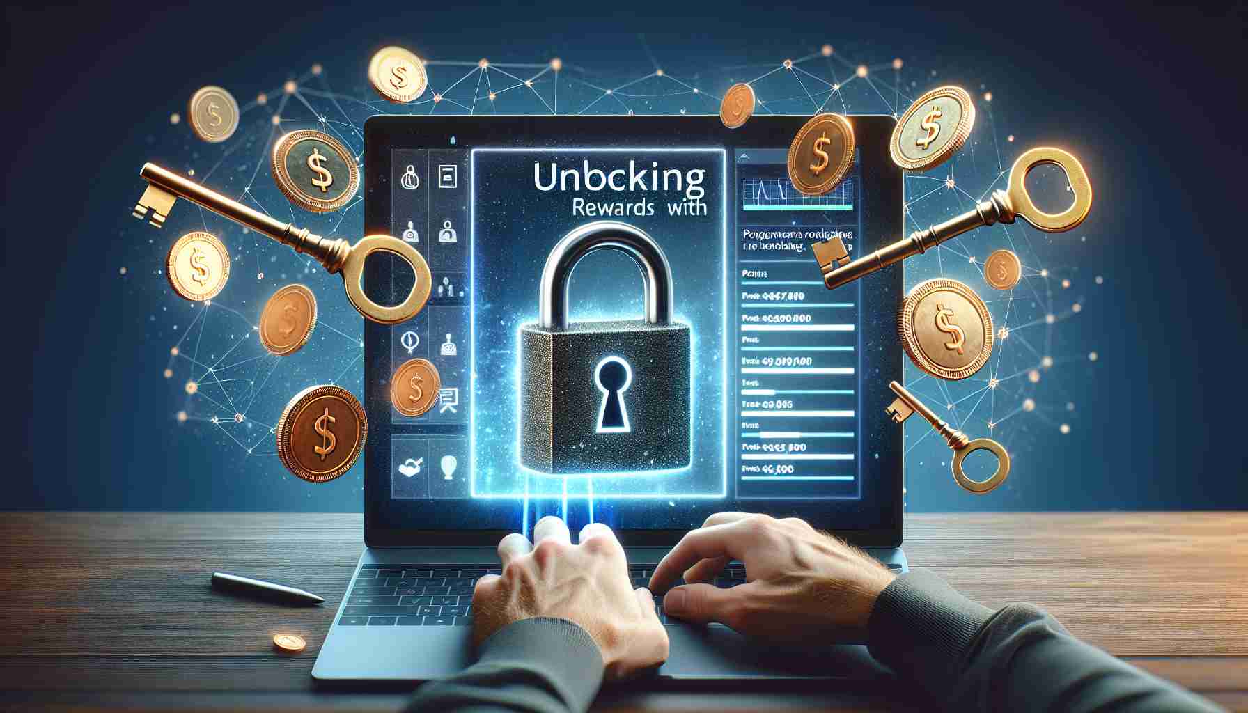 Create a realistic, high-definition image that portrays the concept of 'Unlocking Rewards with Microsoft.' This could include a visual guide showcasing the process of earning points. Perhaps, it illustrates a laptop screen with a rewards tracking progress, and dynamic elements such as keys, lock opening, or coins to symbolize points earned. Remember to include recognizable but non-specific elements to represent a technology company, points system, and rewards, all under the theme of 'unlocking rewards.'