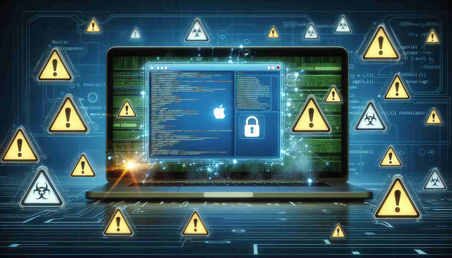 High definition realistic image depicting the conceptual representation of uncovering security gaps in software applications designed for MacOS, featuring an open laptop displaying a series of diverse codes amid caution symbols, signifying potential vulnerabilities.