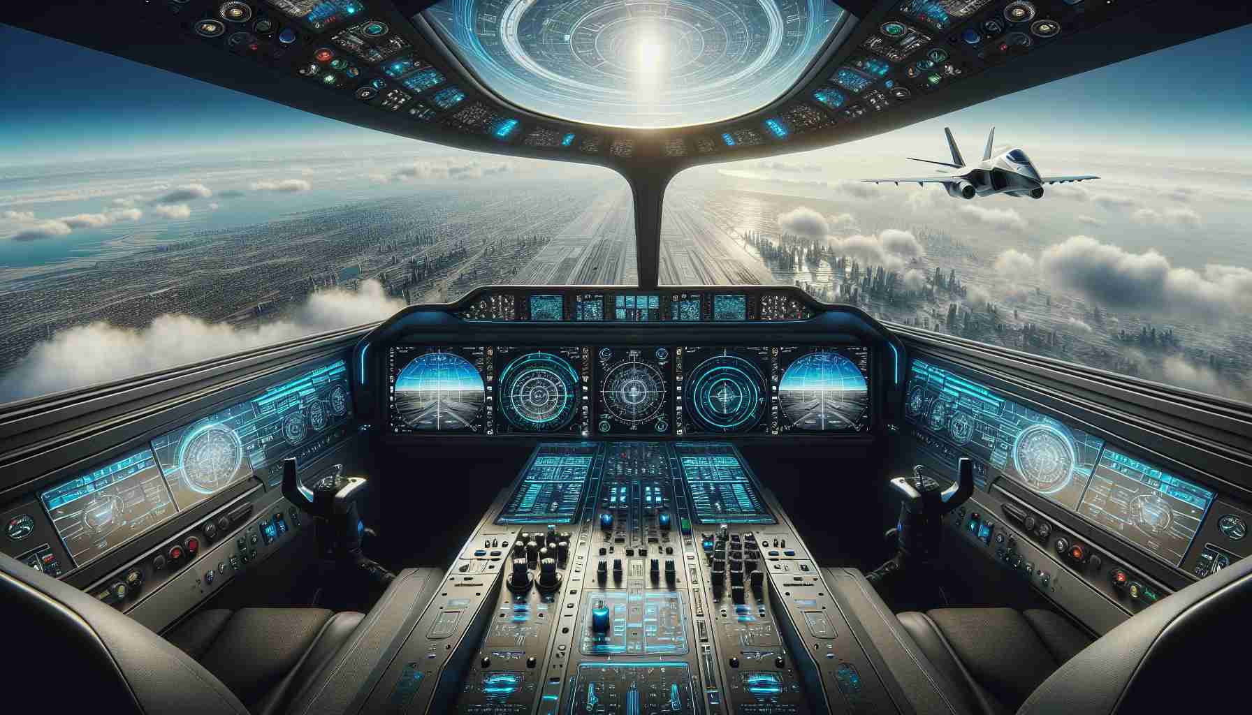 A high-definition, realistic depiction of the future of virtual aviation as envisaged in a fictional year of 2025. This image includes the intricacies of a well-designed cockpit with futuristic features, high-quality rendering of aircraft models, top-of-the-line graphics detailing the exterior environment such as the sky, weather conditions, terrain, and cities. The in-flight experience gives a hyper-realistic effect, offering the viewer an impression of advanced technology used in flight simulation.