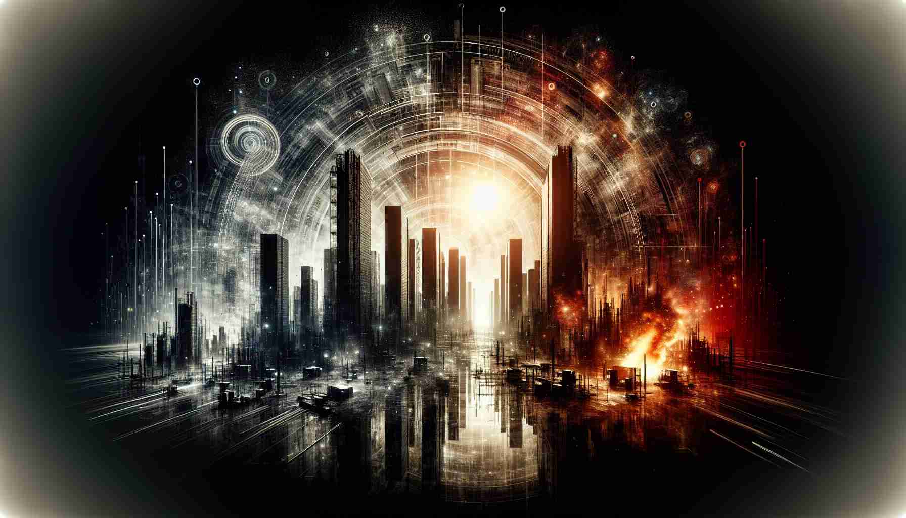 A high definition, realistic image representing the rise and fall of technological giants. The scene portrays the abstract concept of technological evolution with visual elements such as soaring skyscrapers symbolizing the rise, burning and crumbling structures symbolizing the fall, and silhouettes of modern and advanced technology interspersed amidst. A stark contrast between light and shadows, symbolizing success and failure, paints the intricate dynamics of the technological landscape.