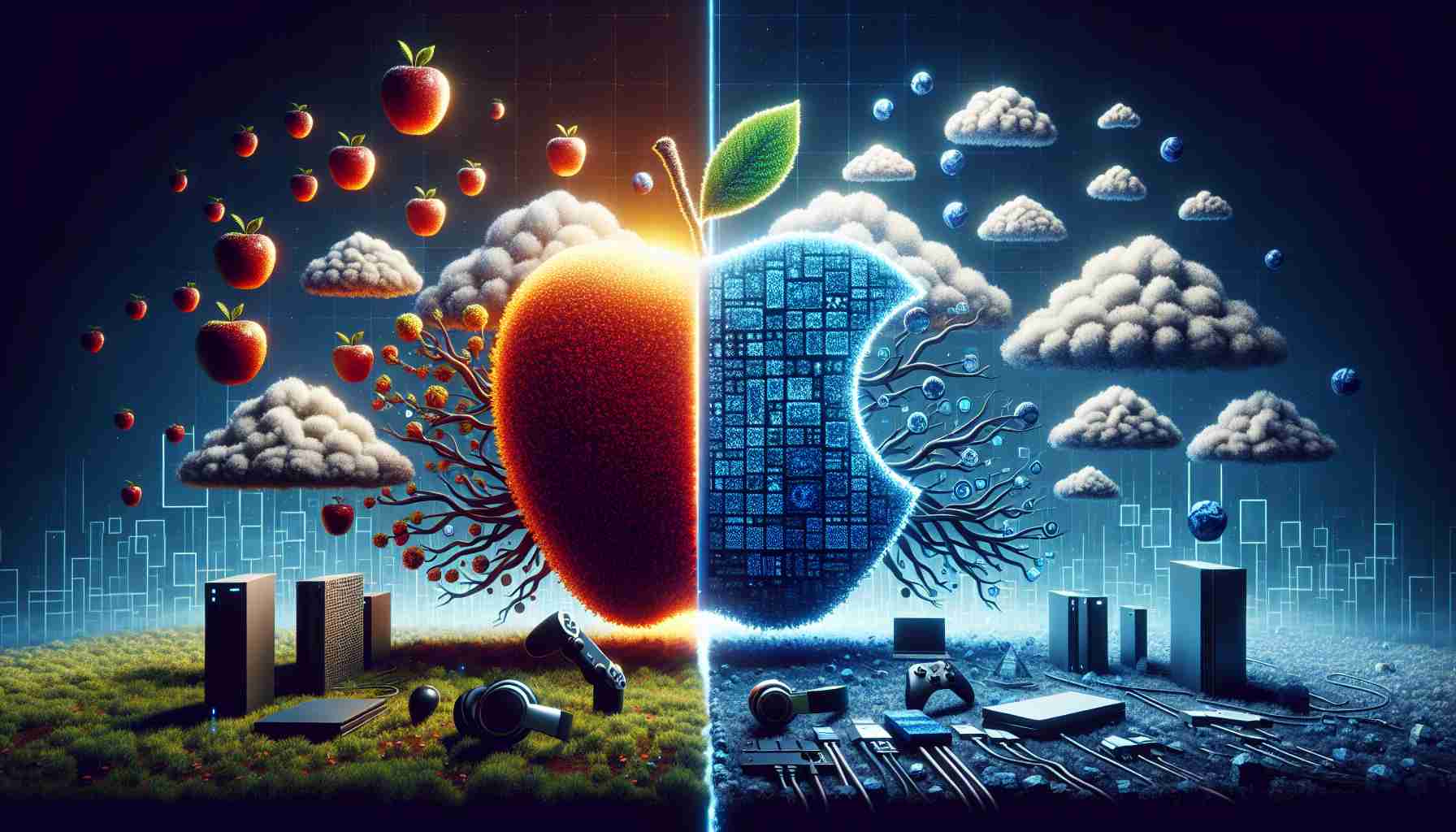 High definition, realistic representation of two tech giants, symbolized as iconic abstract entities, clashing over cloud gaming integration. Depict an apple tree laden with ripe fruit on one side representing 'Apple', and a window overlooking a vast technological landscape on the other side for 'Microsoft'. Show elements of cloud gaming technology like gamepads, headphones, and pixelated clouds in the scene, symbolizing the integration they're contending over.