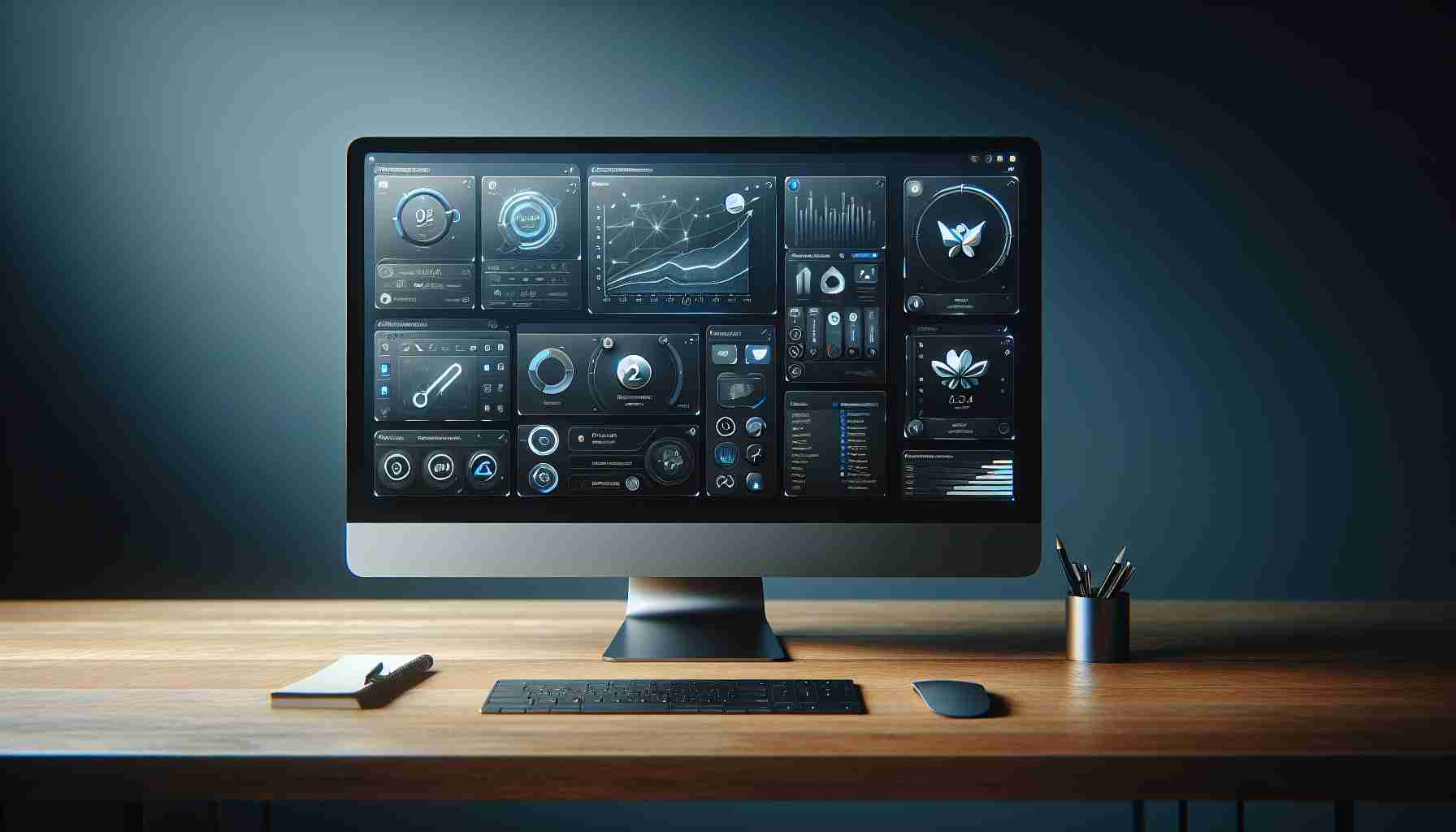 Generate a high-definition image that portrays the concept of enhancing a digital workspace with the use of a comprehensive software suite. The scene should include an advanced desktop computer on a minimalist wooden desk. On the computer screen, various workflow management applications can be seen, including a digital calendar, email client, word processor, and data analysis tools. Adjustments are made to these applications through a modern user interface, showcasing the idea of upgrading. Please refrain from specific logos or brand mentions to avoid copyright issues.