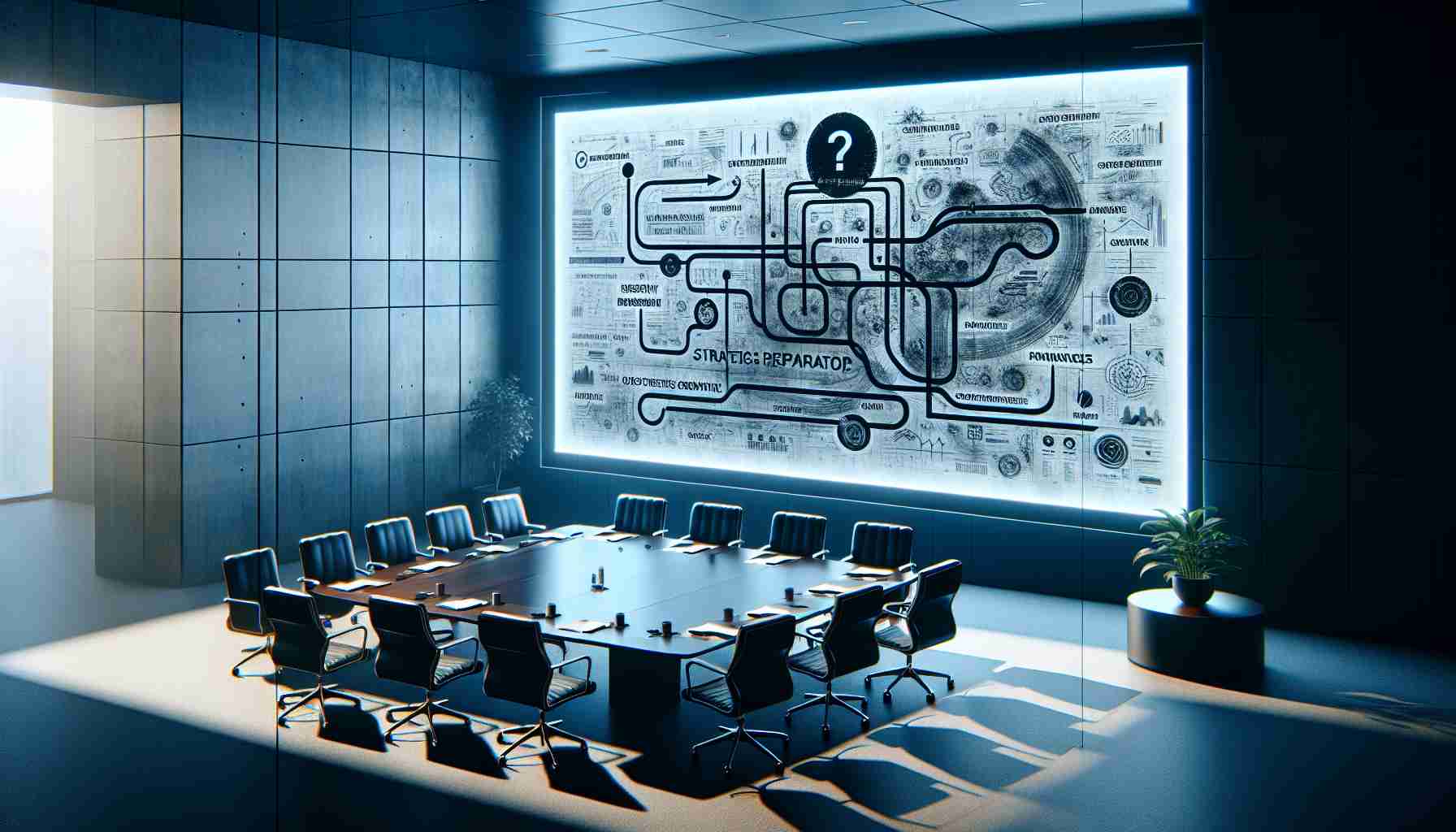 A high-definition, realistic image depicting a meeting room with a digital whiteboard showcasing a projected, abstract roadmap. The roadmap is symbolically labeled with phrases synonymous to strategic development, growth, and innovation. The room is filled with silence, hinting towards a strategic preparation without disclosing any specific information about Microsoft's proprietary strategies for the year 2024.