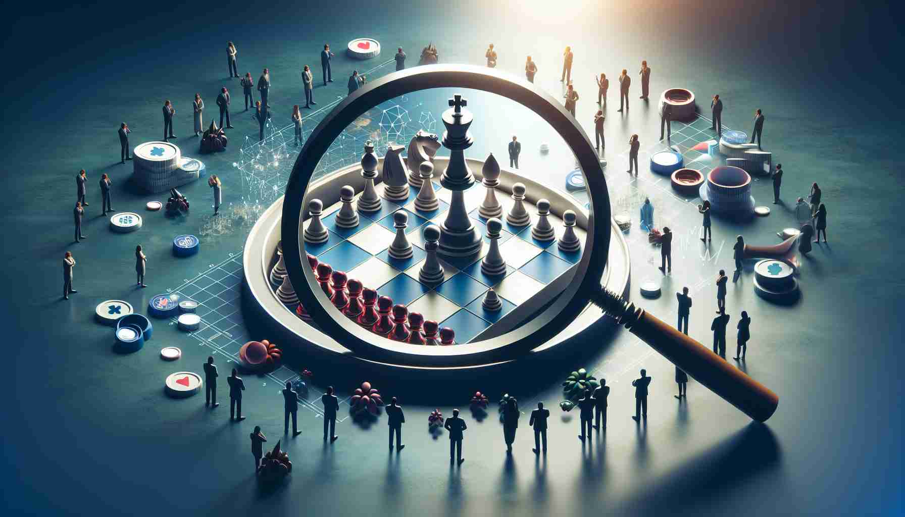 A high definition, realistic visual representation of the metaphorical examination of a tech company's gaming strategy. The scenery depicts a large magnifying glass examining a chessboard, with each chess piece symbolizing various aspects of the gaming strategy–development, marketing, distribution, and innovation. Figures surrounding the chessboard are engaged in thoughtful analysis, suggesting open consideration and scrutiny.