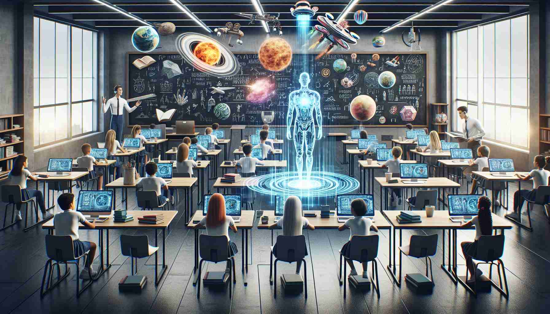 A high-definition image showcasing the concept of revolutionizing education with artificial intelligence. The scene could depict a well-equipped, modern classroom with students of diverse backgrounds and genders interactively learning via smart devices. The inclusion of 3D holographs of the solar system or historical events can add an innovative touch. Illustrate the AI as an invisible presence emanating from the devices, influencing and aiding the learning process. Attention to detail would be appreciated to portray the sophisticated and beneficial integration of technology in the educational environment.