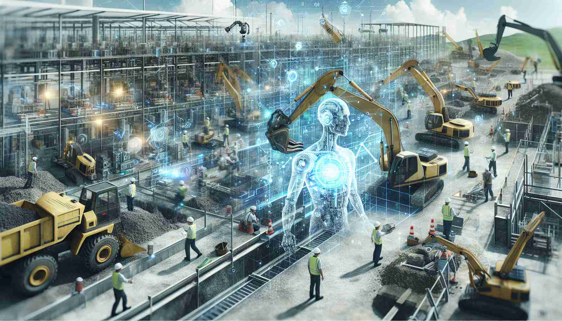 Generate a realistic and high-definition image depicting the concept of revolutionizing work with artificial intelligence. Visualise an industrial setting, likely a construction site, with workers possibly performing tasks assisted by cutting-edge technology, such as robots or drones. Include indicative elements like hard hats, excavation equipment and futuristic AI devices to suggest an advanced technological setup in the construction industry.