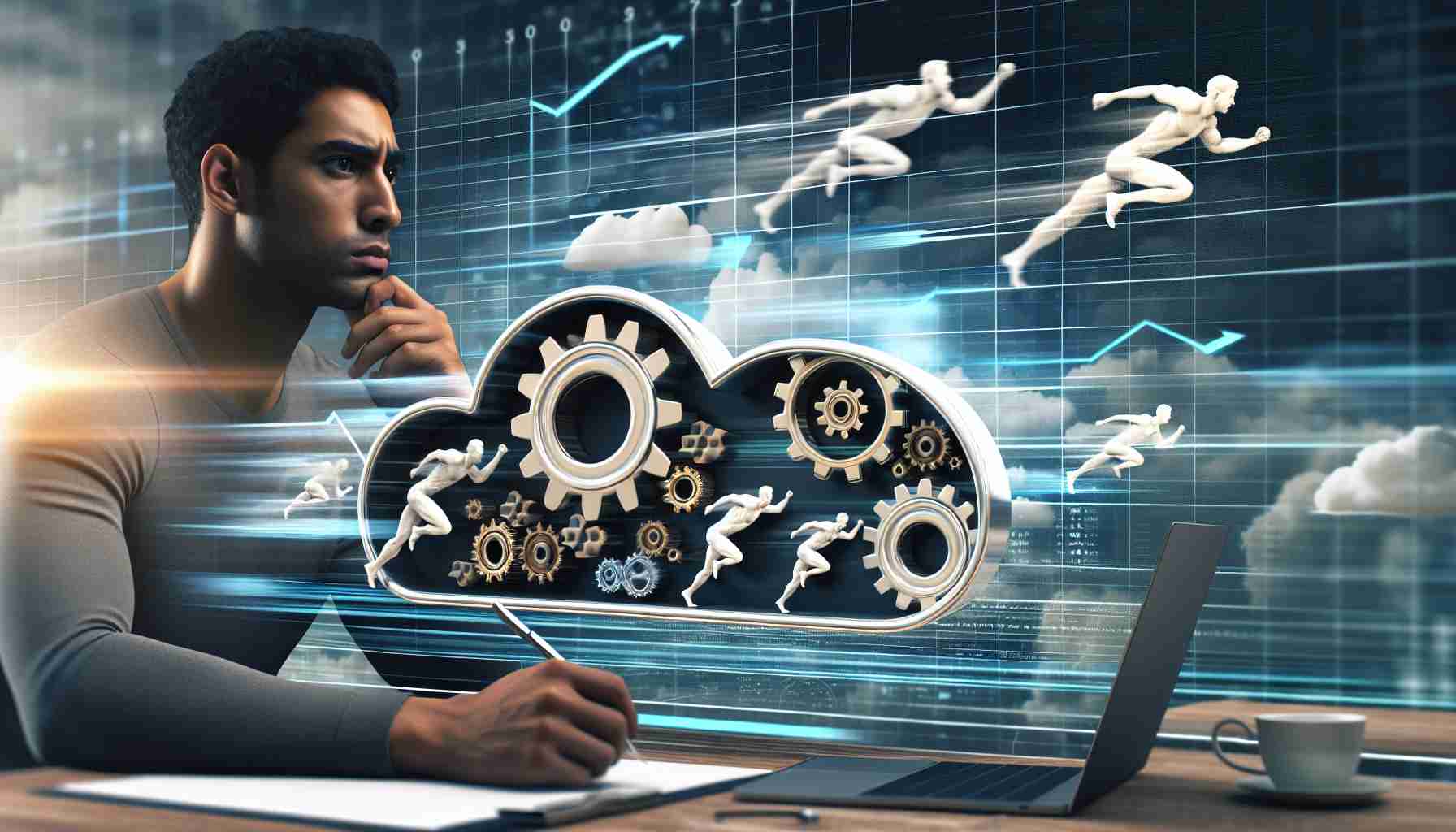 A realistic, high-definition representation of the concept of alleged unfair competition practices in the cloud computing environment. The image should depict a scenario that speaks to these allegations without showing any specific companies. Consider including a cloud symbol integrated with gears and symbols that might signify competition, like sprinting figures or a finish line. In the foreground, a person of South Asian descent, portraying a neutral or concerned expression, examines the scene from a laptop.