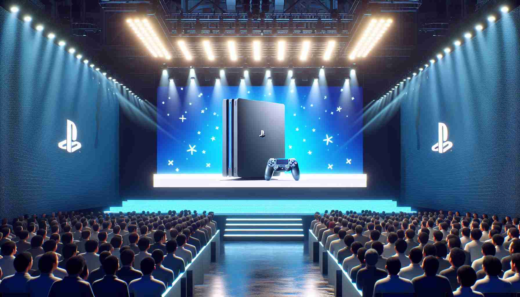 A realistic, high-definition image of an unnamed gaming console taking center stage at the imaginary 'Tokyo Game Show 2024'. The console is presented on a grand, lit stage with impressive lighting effects. Excited attendees from various descents and of different genders can be seen in the crowd, eagerly awaiting the reveal of the console.