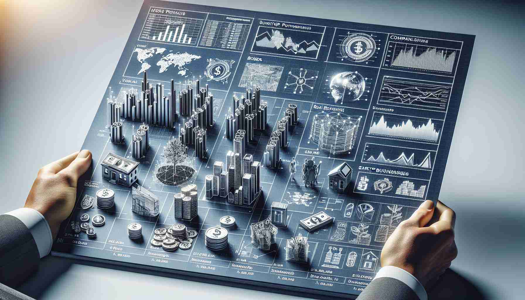 A realistic high-definition image representing a diverse investment portfolio belonging to a successful entrepreneur. This includes various types of assets such as stocks, bonds, real estate, startup businesses, technology companies and others. The specific individual items making up the portfolio are represented symbolically, such as architectural blueprints for real estate, company logos for stocks, etc. Displayed in a clear, organized chart or graph.