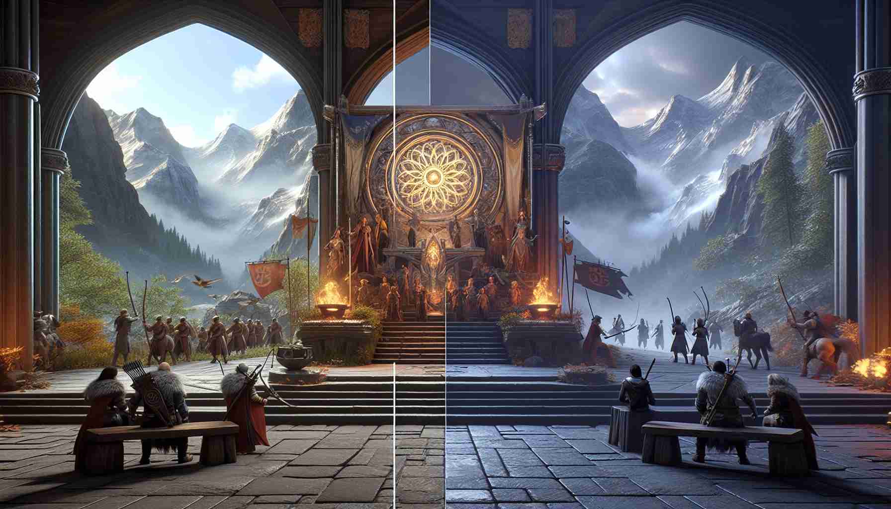 A highly detailed and realistic image of a digital scene showcasing the revolution of gaming graphics. The scene includes a side-by-side comparison of graphics, with the left side displaying a standard gaming graphic and the right side utilizing DirectSR enhancements. The game is of the fantasy genre with characters and landscapes. Do not display any logos or specific game titles. Include elements such as characters, environments, and lighting effects to highlight the differences between standard and DirectSR-enhanced graphics.