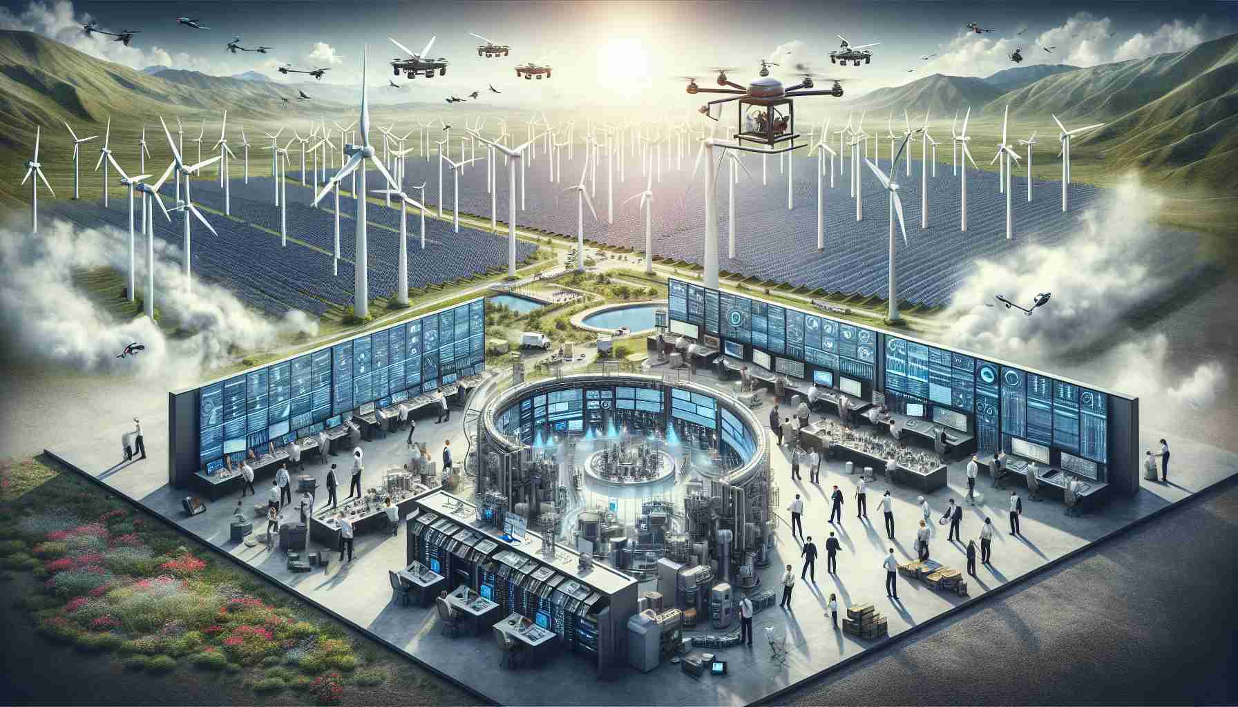 A detailed, high-definition depiction of innovative clean energy production. Imagine this being a large-scale project, with wind turbines and solar panels spread over a vast area replacing traditional energy sources. There are drones flying above to inspect the structures and technology at work. In the middle of it all, there's an operation center filled with monitors displaying various analytics. Both male and female employees of various descents - Black, Caucasian, Hispanic, Middle-Eastern, and South Asian - are collaborating, hard at work on facilitating and improving this green energy revolution. The whole scene captures the fusion of technology and sustainability.