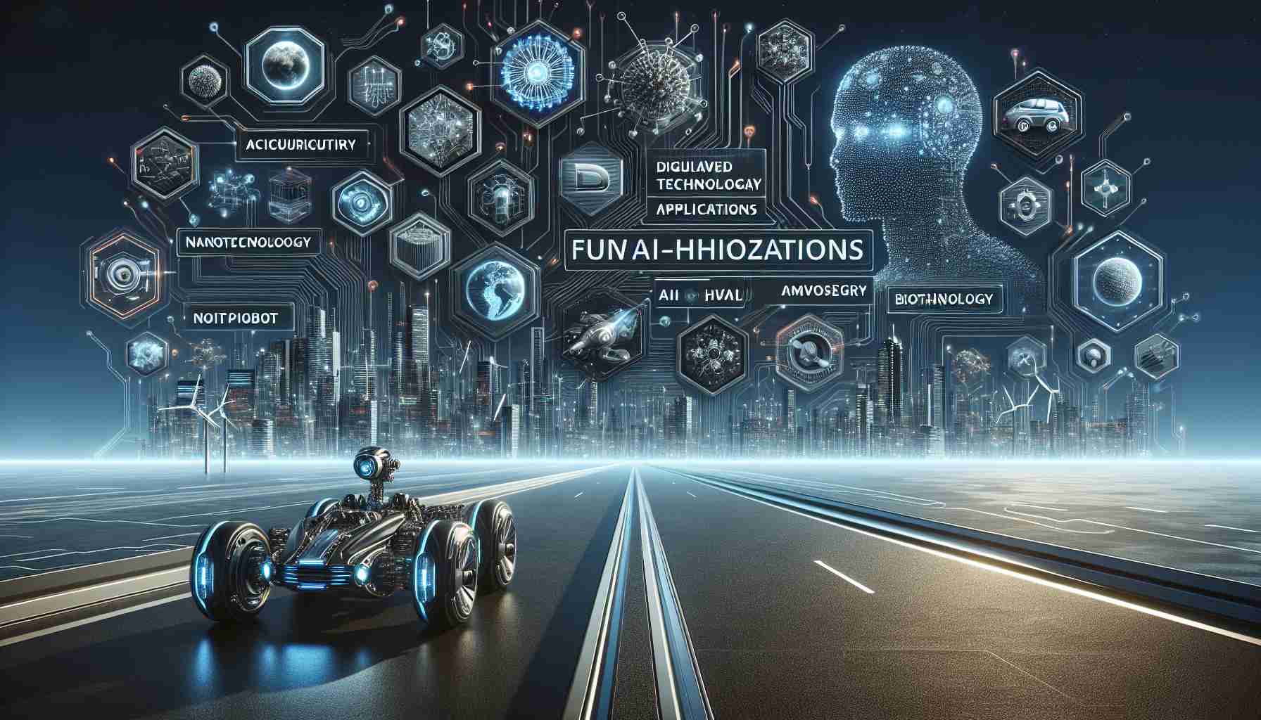 Delivering an HD image of advanced technological innovation, expressed as digital circuitry, AI-powered robots, nano-technology applications, futuristic vehicles, biotechnology advancements or alternative energy solutions. All of these elements symbolically illustrate New Horizons in Technological Innovation. The aesthetic should be sleek, modern with a futuristic vibe, communicating the concept of technological evolution.