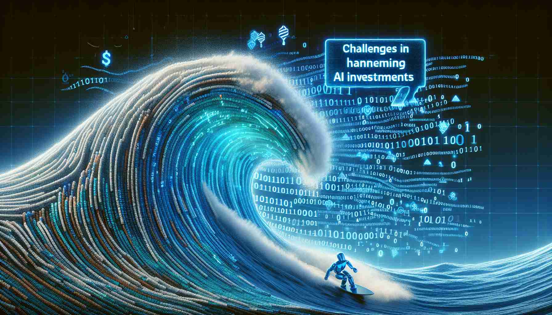 High resolution illustration depicting a giant metaphorical wave made of binary code and initialing algorithms, embodying the challenges of harnessing Artificial Intelligence investments. A small icon representing a multinational technology corporation struggles to ride this wave. Text floating above reads 'Challenges in Harnessing AI Investments'.