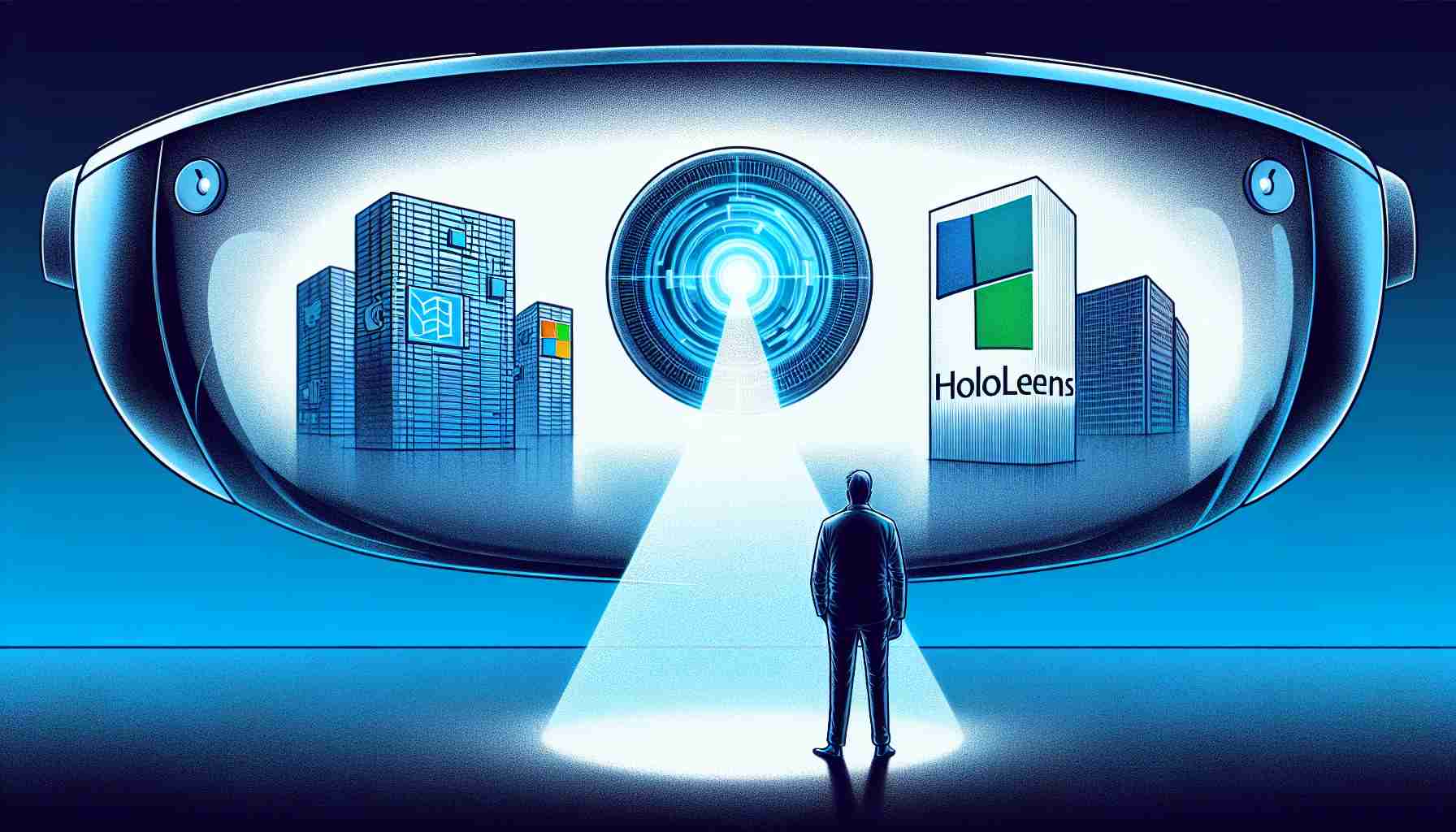 An illustrative writing conveying the shift in Microsoft's focus away from HoloLens technology. Depict the corporate logo of a fictional technological company looking away from a holographic lens, symbolizing HoloLens. Nearby, portray two other abstract technological company logos, representing hypothetical competitors, appearing more prominent and focused. The implication is that this shift in attention might impact these hypothetical competitors. Please create this in a high definition, photorealistic style.