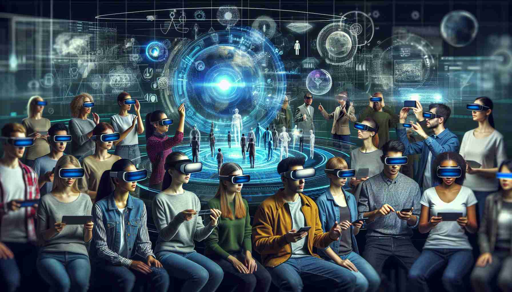 A high-definition, realistic image portraying the future of augmented reality. The image could show people using advanced technology, such as smart glasses or holographic displays, to interact with digital elements in their physical environment. Diverse individuals of various desents and genders are present, engaging with the technology and potentially facing challenges regarding its use. The atmosphere could be futuristic and technologically advanced, offering a glimpse into the potential trajectories of technological evolution.