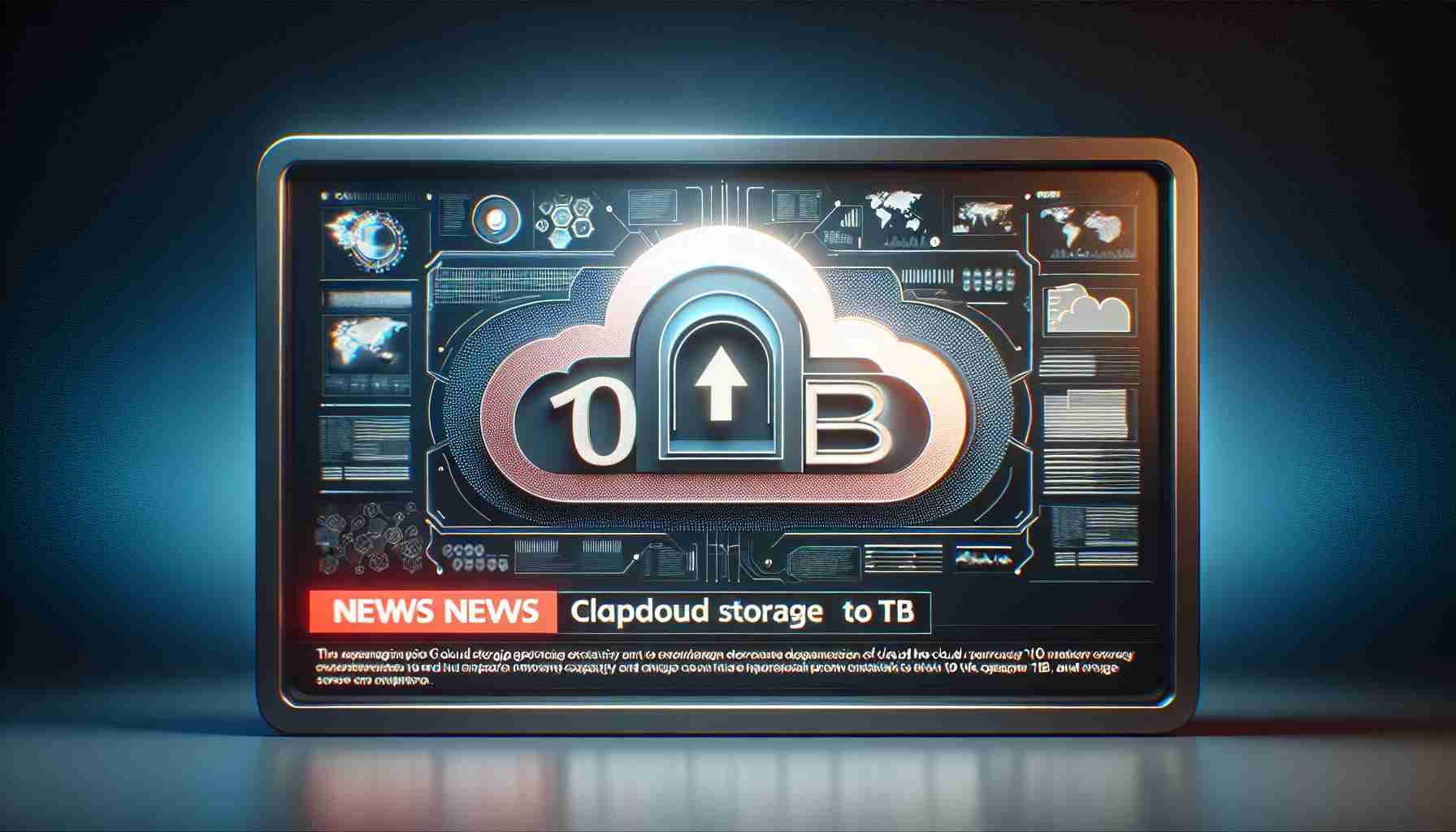 Realistic HD image of a news announcement on a digital screen, highlighting the expansion of cloud storage capacity to 10 TB. The screen displays a stylized logo symbolizing cloud storage, surrounded by technology-themed background and text snippets related to the storage upgrade.