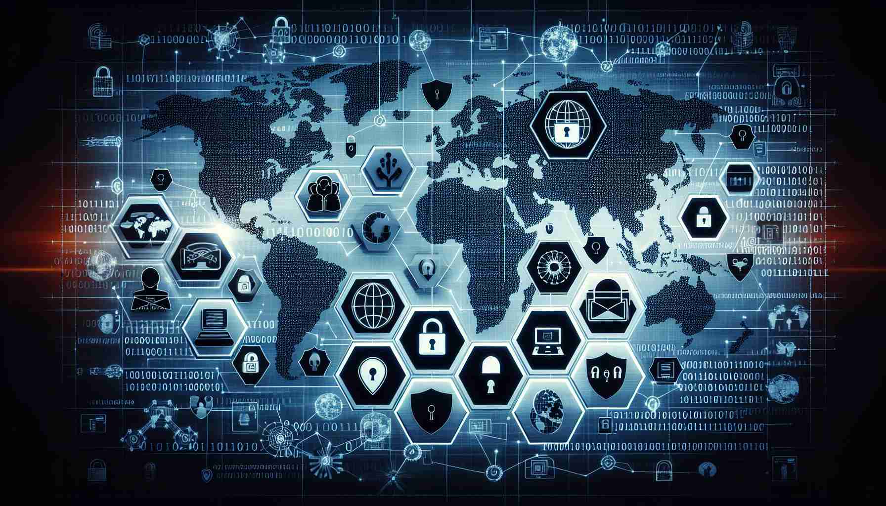 A crisp, high-definition scene illustrating contemporary patterns related to cyber security risks. Visualize this with abstract graphical elements like binary code, computer networks, padlocks, firewalls, malicious icons, and cyber espionage symbols. Instead of direct harm, show depictions of prevention, like shields or walls. Also, consider showing the global aspect of these threats with a world map filled with interconnected nodes, signifying a worldwide network. Make the image demonstrate the seriousness and complexity of the modern-day digital security landscape.