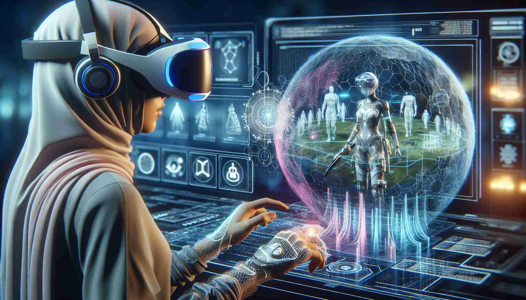 Detailed image in high definition showcasing the future of gaming through innovations in virtual reality simulation. The scene includes advanced VR gear worn by a Middle Eastern woman, intricate holograms representing game worlds, ultra-realistic avatars controlled by the gamers, and a transparent screen showing lines of code. The game environment radiates with vibrant colors while soft light illuminates the room, emphasizing the modern design of the mixed reality setup.