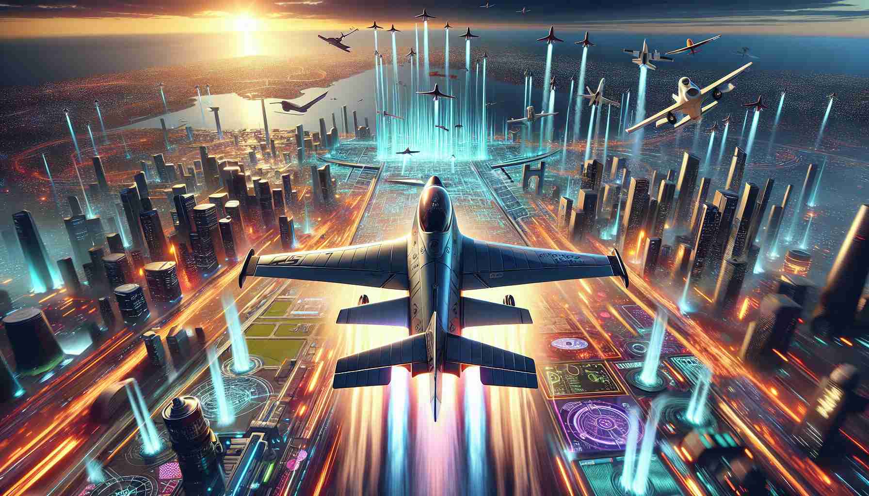 Illustrate a highly detailed and realistic image of the scene from a new and exciting aerial simulation game titled 'Sky Soar Simulator 2024'. Capture the moment of the glitch-free launch, highlighting the anticipation and thrill of the out-bound digital adventures. Features to emphasize include the vivid colors of the digital environment, incredibly designed aircrafts, and cutting-edge game interface. The image should feel like a celebration of technological advancement in the world of gaming.