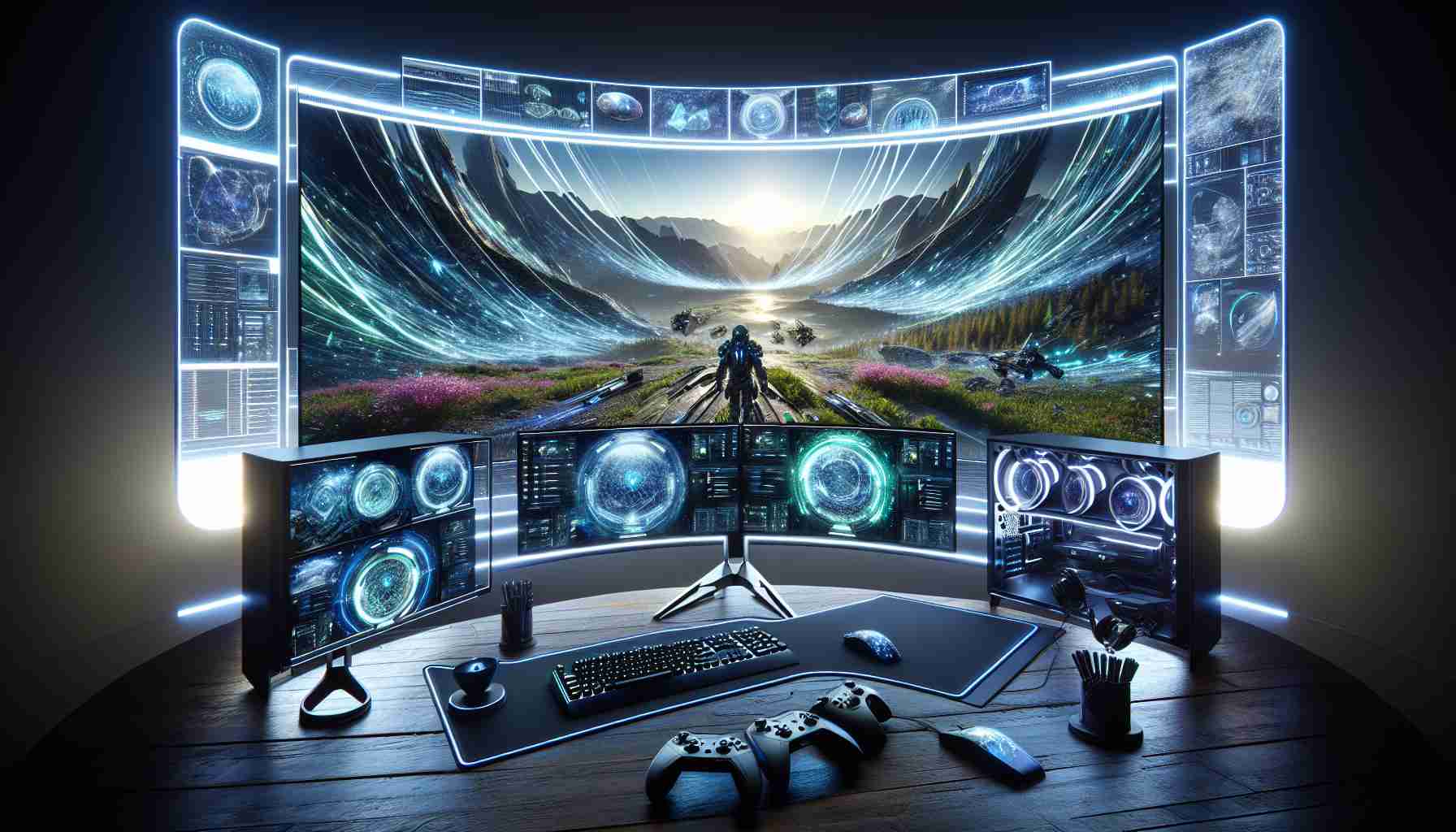 Generate an image capturing the concept of revolutionizing gaming with dynamic edge navigation. Show an advanced, high-definition computer gaming setup with multiple screens that curve at the edges, giving a panoramic view. The screens display a state-of-the-art game with immersive landscapes and dynamic UI elements that adapt and navigate along the curves of the screens. Controllers and other gaming peripherals, including a hi-tech gaming mouse and keyboard, are also present. The room lighting should emphasize the luminosity of the computer screens and give a cyber-like ambiance.