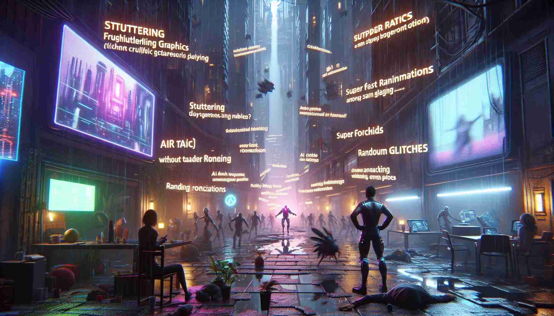 Imagine a realistic high-definition image displaying frustratingly quirky scenarios from a futuristic dystopian game release. The scene is filled with elements that express technical difficulties. Some of them are stuttering graphics, AI characters standing frozen in strange positions, super fast running animations without actual character movement, and random glitches through walls or other objects. Remember, this is a cyberpunk style game so fill the environment with neon lights, towering skyscrapers, heavy rain, and advanced technology. Don't forget about the disappointed gamers, sitting in front of their screens, scratching their heads in disbelief at the numerous bugs they encounter while playing.