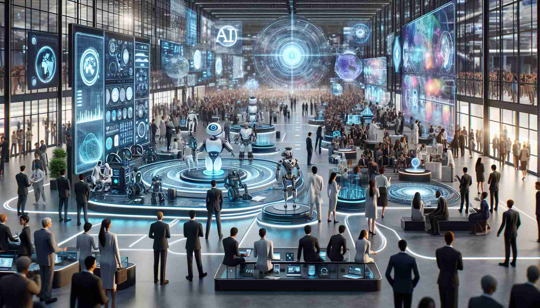 A hyper-realistic high-definition image depicting a future technology exploration scene at a global innovation summit. The scene includes a myriad of cutting edge technologies like AI-based robots, holographic displays, and novel sustainable energy devices being exhibited by various multi-ethnic scientists and innovators, both male and female. The environment evokes a sense of advancement and discovery, with sleek design elements, smart interfaces, and crowds of diverse individuals engaging in thoughtful conversations and collaborations.