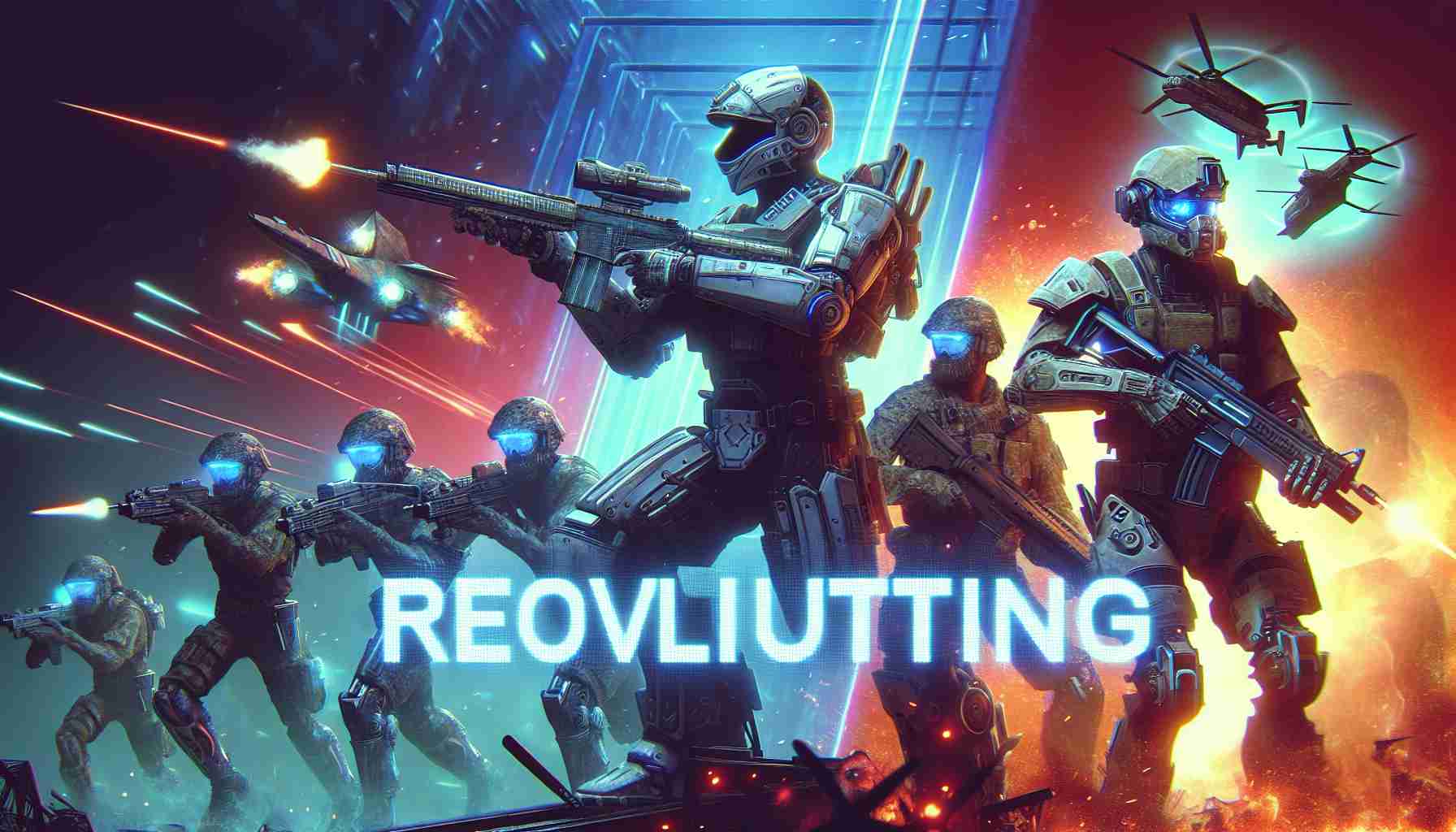 Realistic high-definition image visualizing the revolutionizing future of a popular first-person shooter video game, signifying a new era of innovation. This might include a futuristic war scene with advanced technology, newly designed characters with futuristic armor and weapons, and innovative game features.