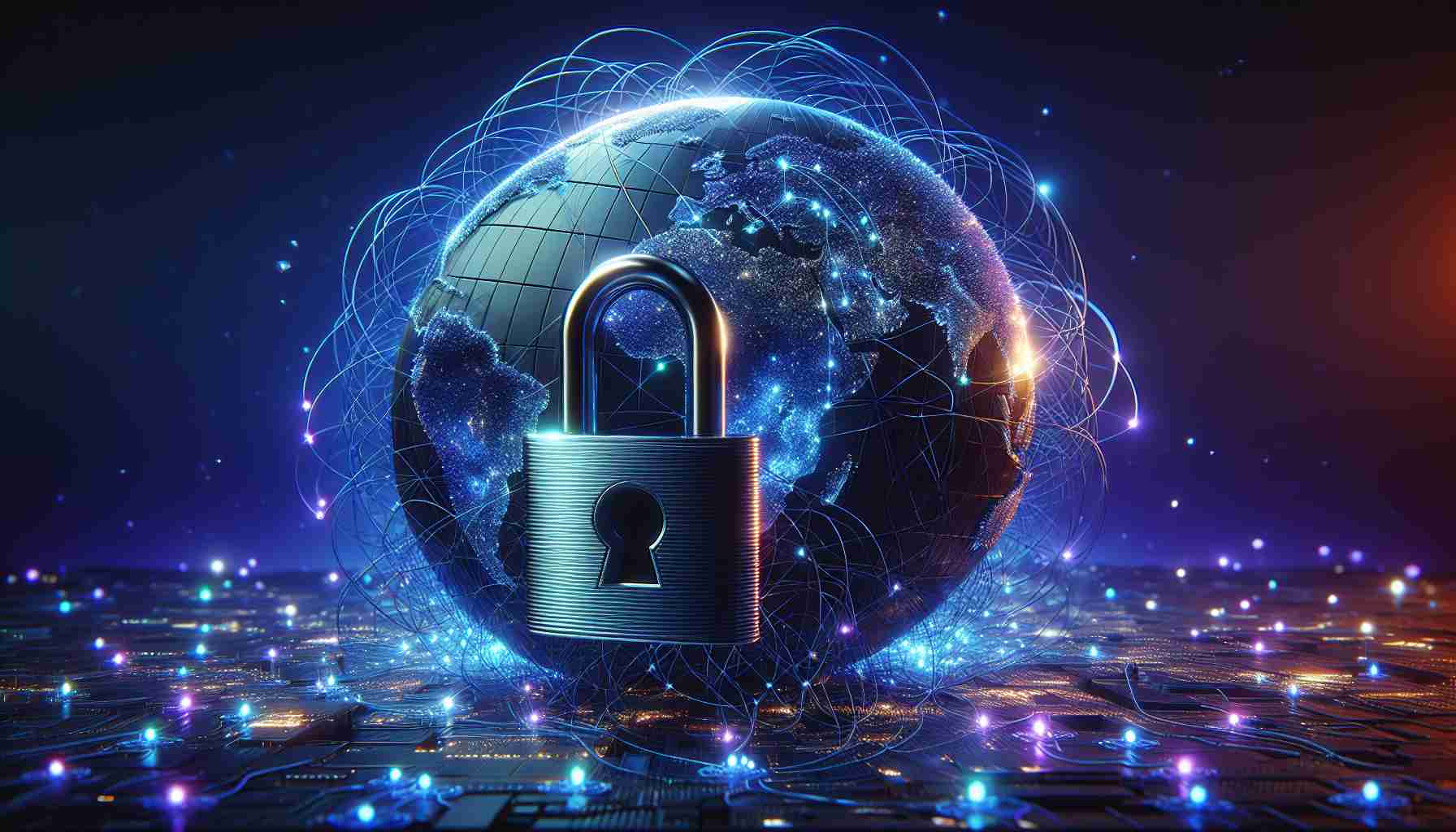 A high-definition, realistic image that represents the concept of strengthening global cybersecurity. In the center, there's a 3D titanium padlock symbolizing security, enveloped in a digital net, that represents collective action. Around it, small light particles are moving, symbolizing data flows. The globe is in the background, displaying all continents but focused primarily on the African continent. Digital tendrils are reaching out from different parts of the globe, connecting to the padlock symbolizing collective effort in cybersecurity. The overall atmosphere is illuminated with deep blue and purple neon light, creating the impression of a data-driven world.