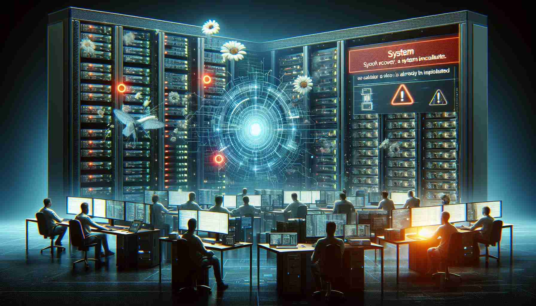 Create a realistic high-definition image depicting a technical glitch experienced in a generic software company's services. Show a complex array of servers and computer screens displaying error messages and system halt notifications. Also, subtly indicate that a swift recovery is expected - perhaps through an engineer confidently working on the issue, or a progress bar showing that a solution is already halfway implemented.