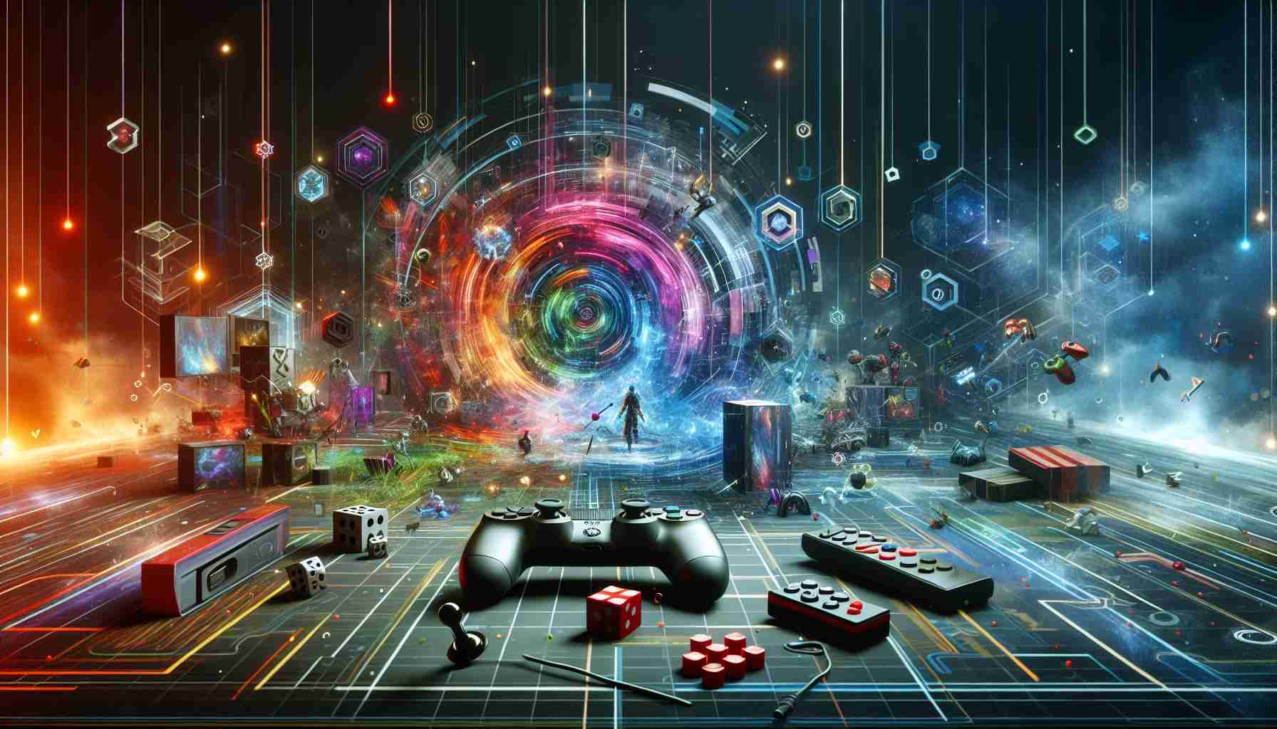 A high definition, realistic visual representation of a revolutionary gaming advertisement campaign. This scene changes the concept of gaming, with futuristic interfaces and immersive virtual reality scenarios. Energetic colors, dynamic shapes and patterns form the composition of the innovative campaign. Please include symbols synonymous to gaming such as joysticks, headsets, consoles, and game boxes. The atmosphere should be imaginative, vibrant and completely immersed in the gaming realm.