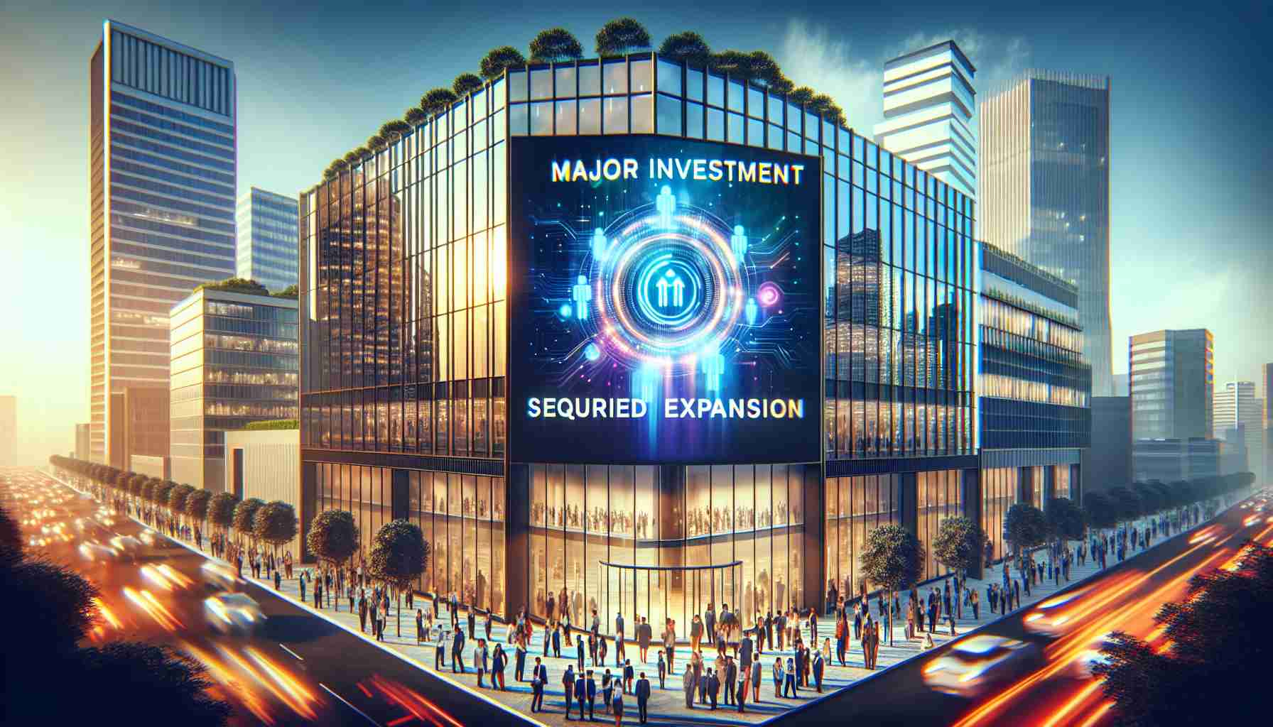 Visualize a scenario depicting a significant moment for a digital marketing company. The picture shows the company logo--an emblem combining modern digital symbology and traditional marketing imagery--prominently on a glass façade of a sleek sunlit office building in a vibrant city district. Around the building, there's a bustling crowd symbolizing various ethnicities and genders, signifying company staff and investors. On a digital billboard attached to the building, vibrant text flashes: 'Major Investment Secured for Expansion.' The image should have a high-definition, realistic aesthetic.