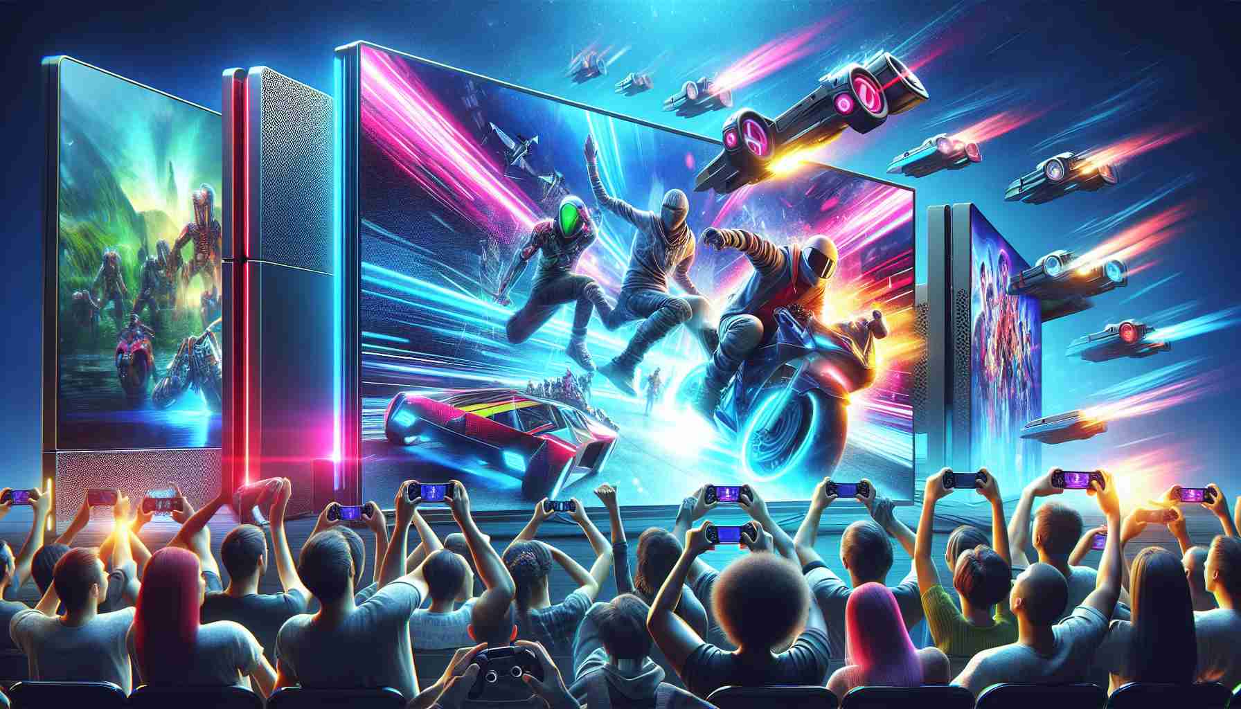 A realistic, high-definition image depicting the anticipation and excitement surrounding new updates in the world of next-generation gaming. Please show a variety of gaming devices, with vibrant, modern graphics and interactive features highlighted on the screens. Additionally, show game users of different descents and genders, excitedly interacting with the updates on their devices, adding a sense of dynamism and diversity. Do not depict any specific game or copyrighted characters. To reflect the 'next-gen' aspect, prioritize sleek design and futuristic elements in the portrayal of the gaming devices.