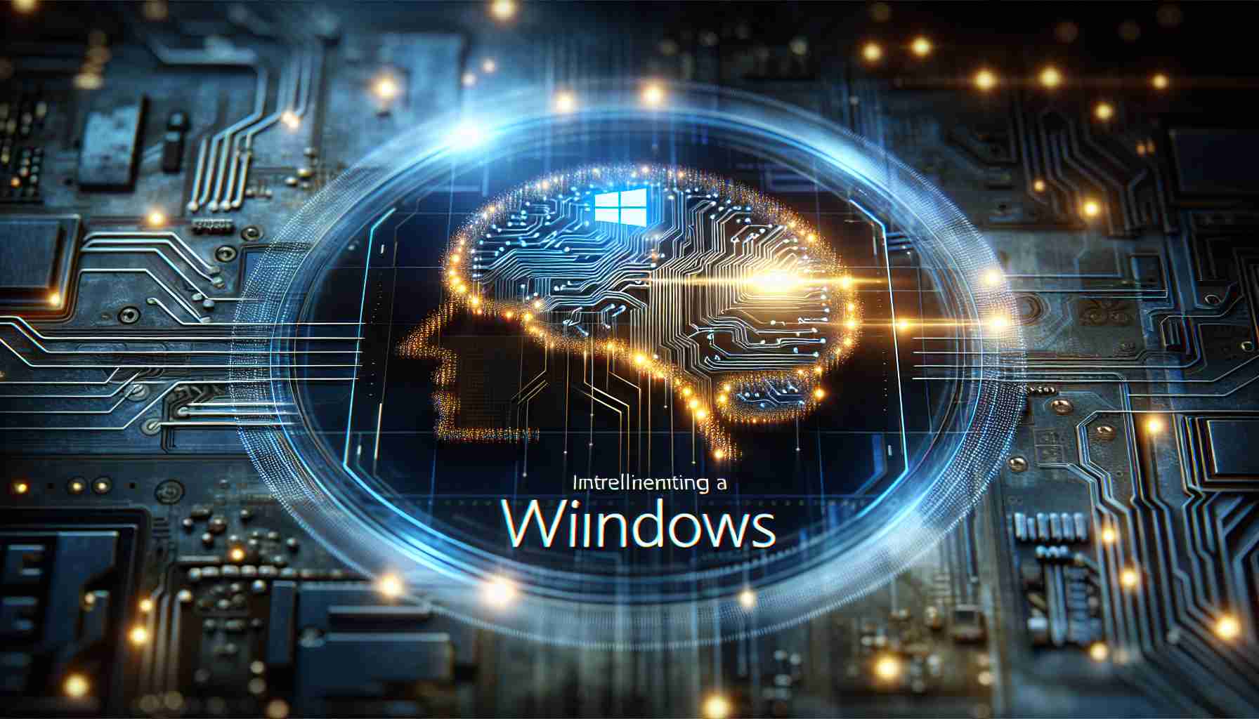 A realistic, high-definition image depicting the concept of a strategic shift in a technology company. The focus is on implementing an intelligent operating system, symbolized by a digitally conceptual image of brightly glowing circuits and software codes. The 'Windows' title is prominently displayed, underlining the focus of the shift.