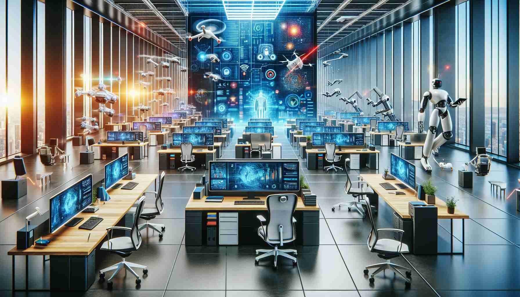 An ultra high-definition, realistic image that encapsulates the concept of maximizing business efficiency with next-generation automation. The scene could feature an expansive, ultra-modern office space filled with innovative technology. This may include AI-powered computers, high-tech standing desks, ergonomic chairs, and digital touchscreens displaying real-time data analysis. There may also be drones delivering documents between workstations and robotic arms managing the storage area. The image should also feature a vibrant array of colors, symbolizing the dynamism and creativity fostered by automated systems.