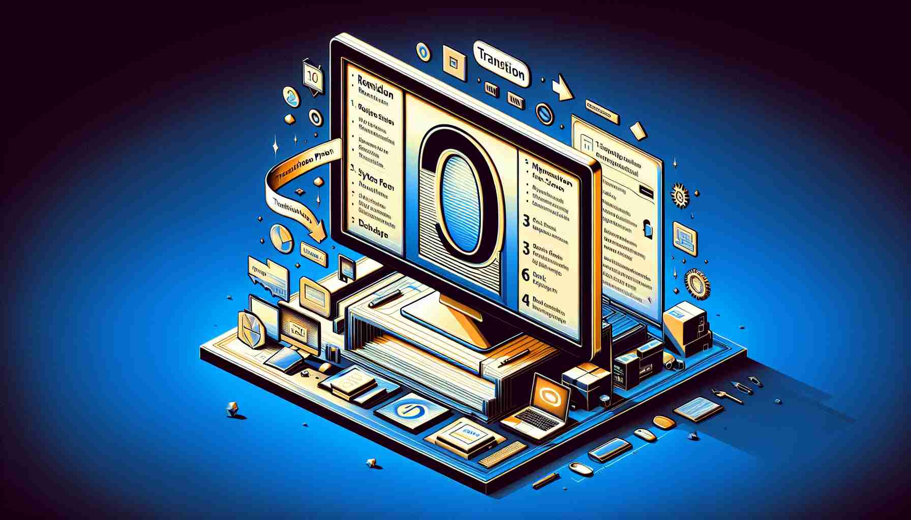 Create a realistic, high-definition illustration visualizing a transition plan for users of a leading operating system, symbolized by a styled window with the number '10' imprinted on it. The plan could involve steps like reminders of the upcoming change, information on system requirements for the upgrade, guides on how to back up their current system, and a timeline of key dates. Also depict the company logo subtly in the background to represent the brand. Avoid any specific branding or logos.