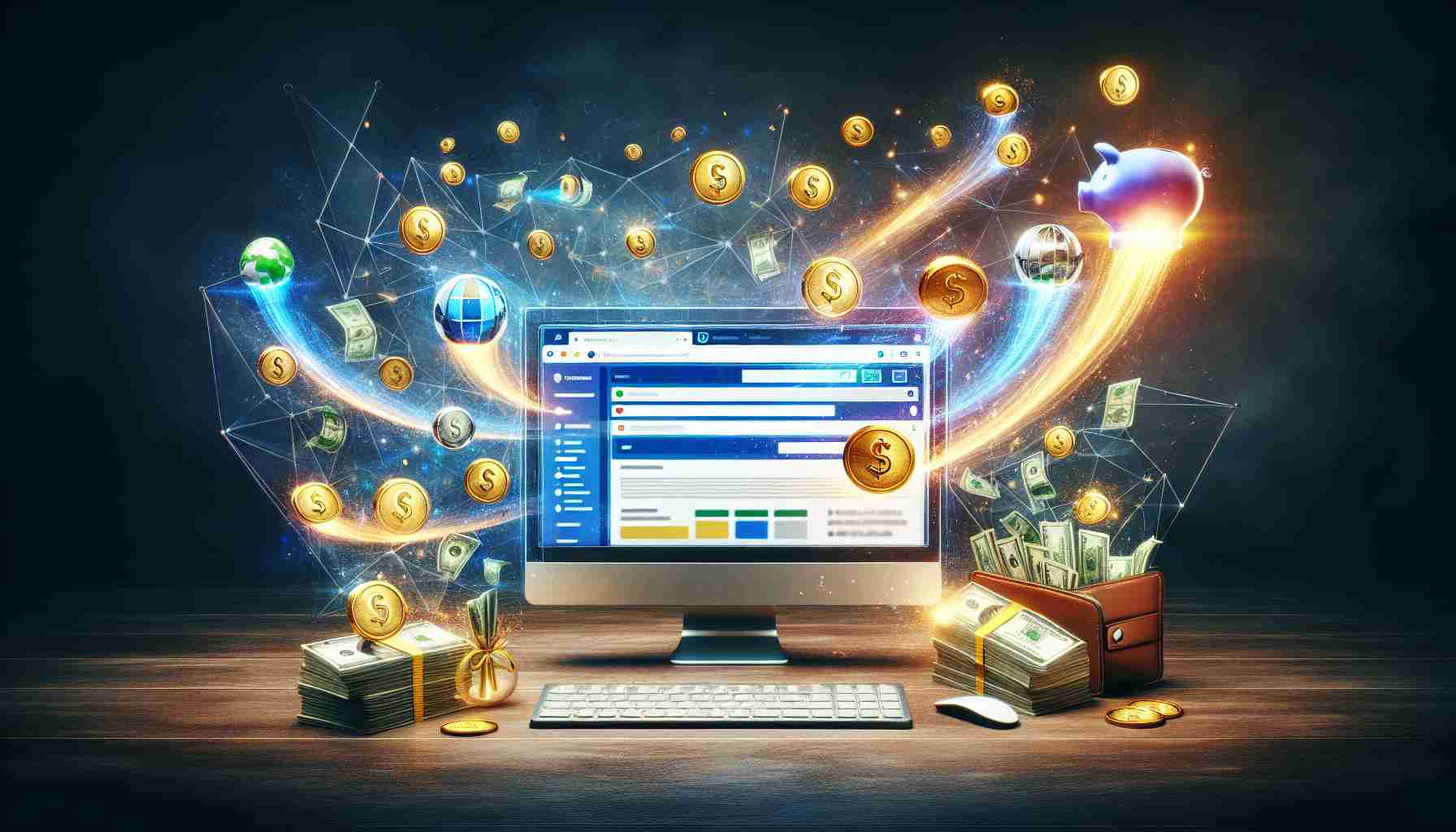 An HD quality, realistic depiction of the concept 'Transforming Your Browsing into Cash Rewards'. Picture a computer screen showing various internet browsers with symbols of financial gain, like dollar signs or gold coins, floating out from it. The screen is surrounded by elements indicating wealth such as a pile of cash, a wallet filling up with money, a piggy bank, and more. The overall ambiance of the image showcases the process of conversion from internet usage into tangible financial gains. This process may be represented by a magical or digital transformation effect.